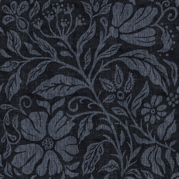 Block print floral midnight gray on black