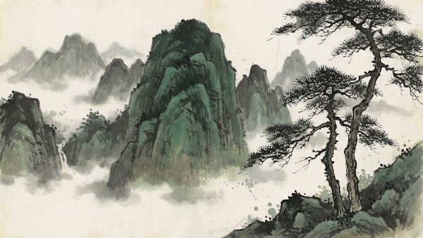 Serene Green Mountains in Mist