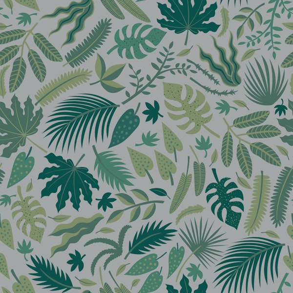 Tropical Leaves - green on grey - Medium