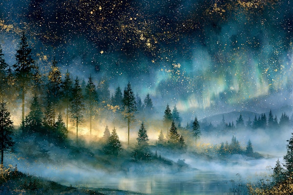 Midnight Aurora Over Lake
