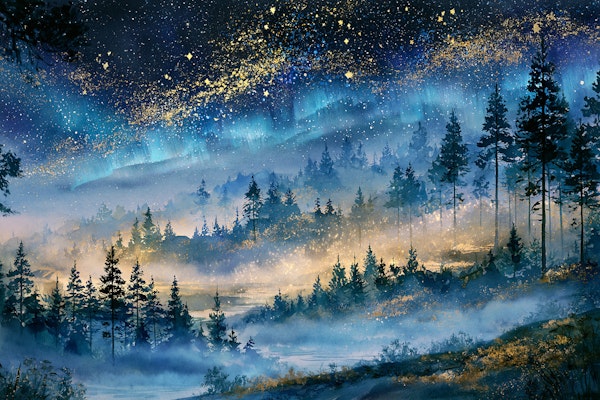 Blue Twilight Forest with Aurora