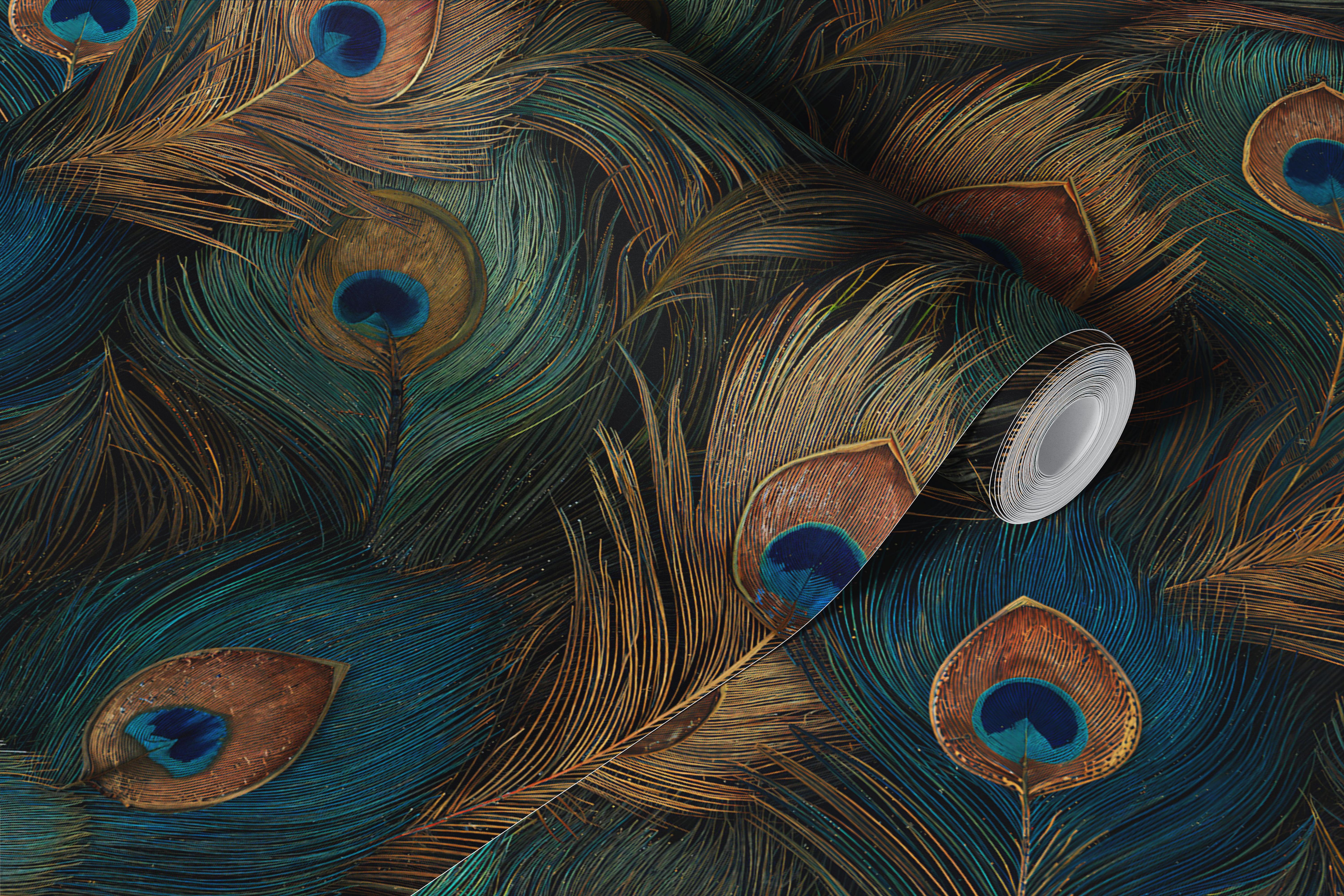 Teal and gold peacock feather wallpaper room