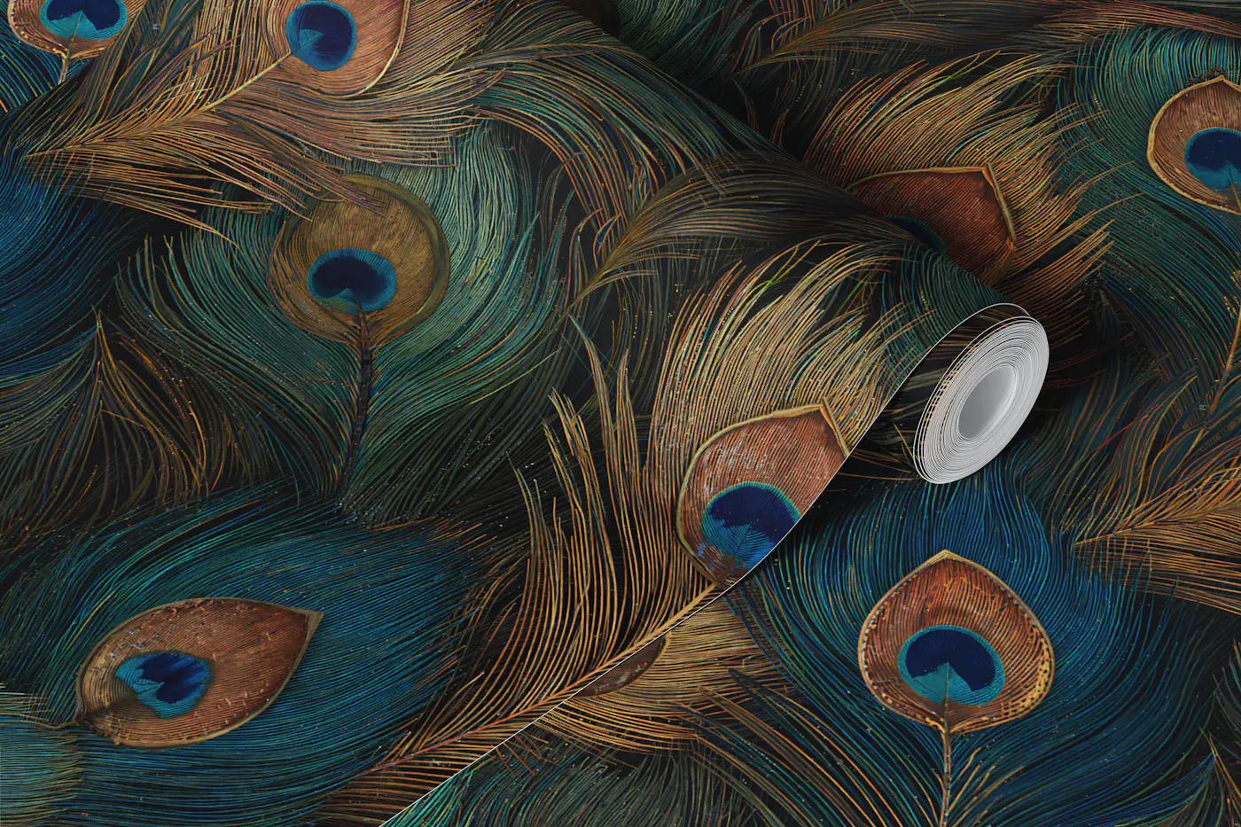 Teal Gold Peacock Plumes wallpaper roll