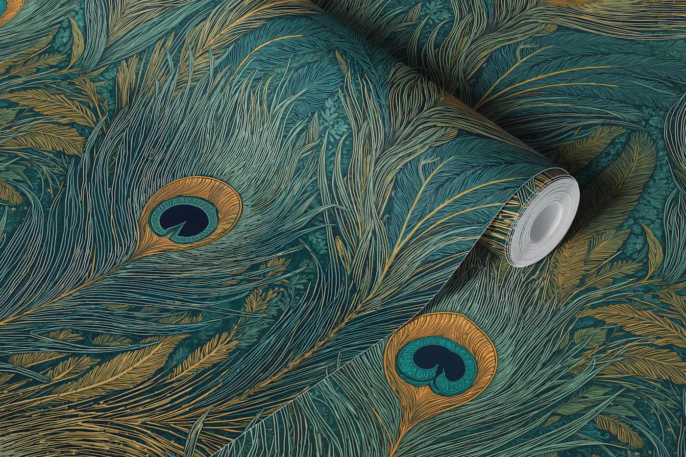 Teal Peacock Feather Elegance wallpaper roll