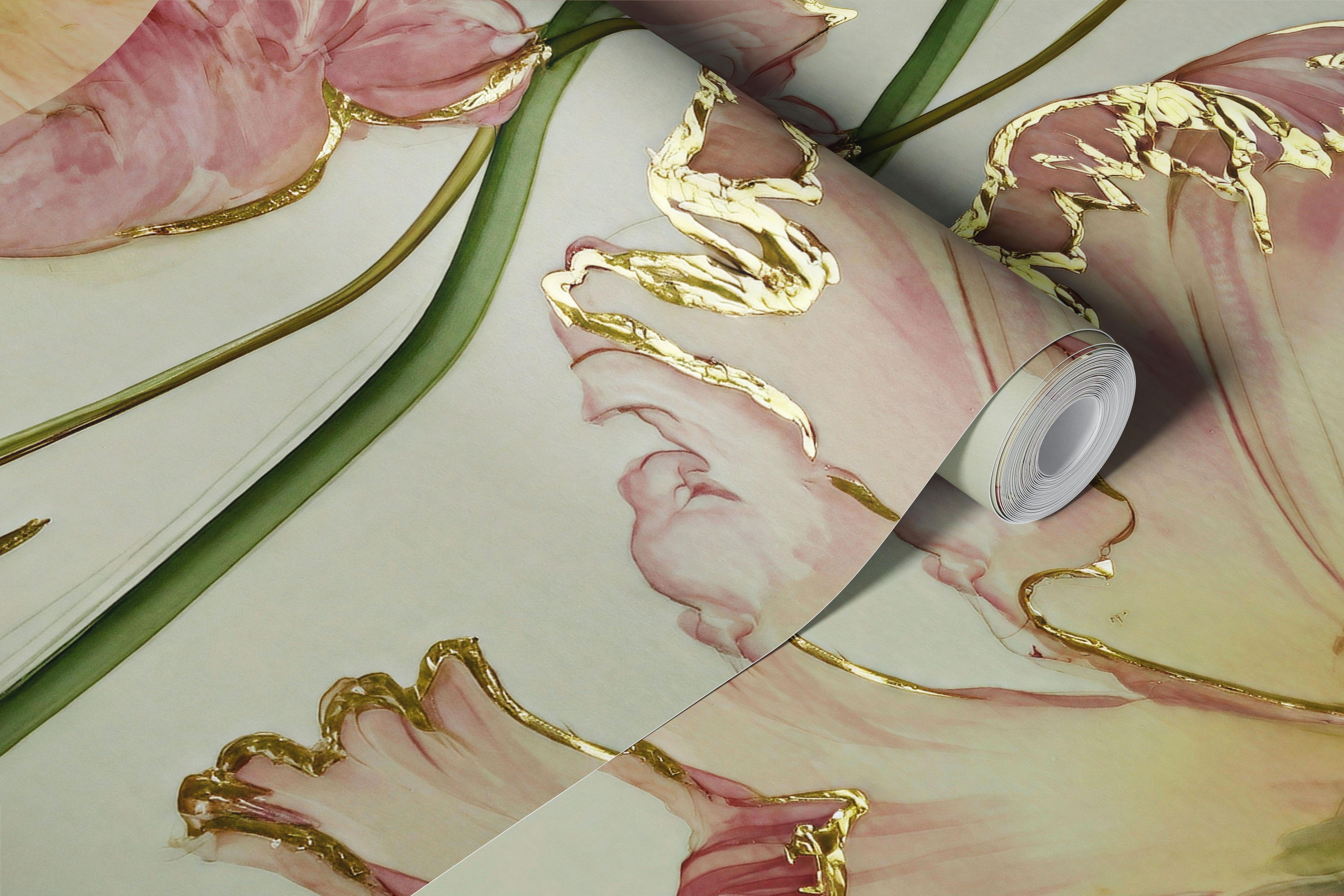 Soft pink tulip wallpaper in a light room