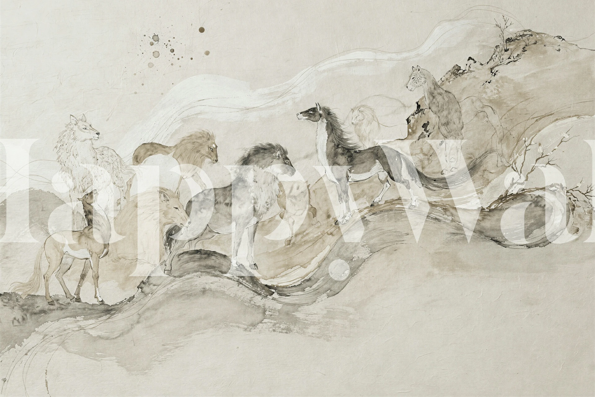 Ink Wash Wild Horses tapet i et rum