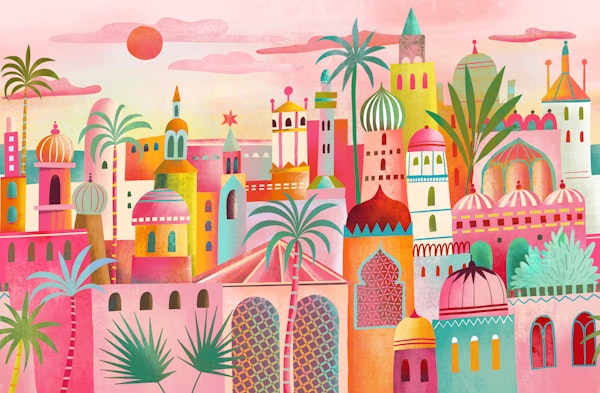 Mediterranean sunset village resort