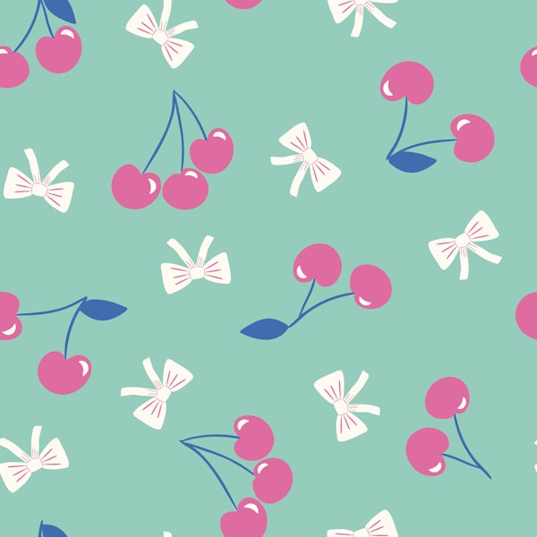 Coquette cute pink cherries on mint