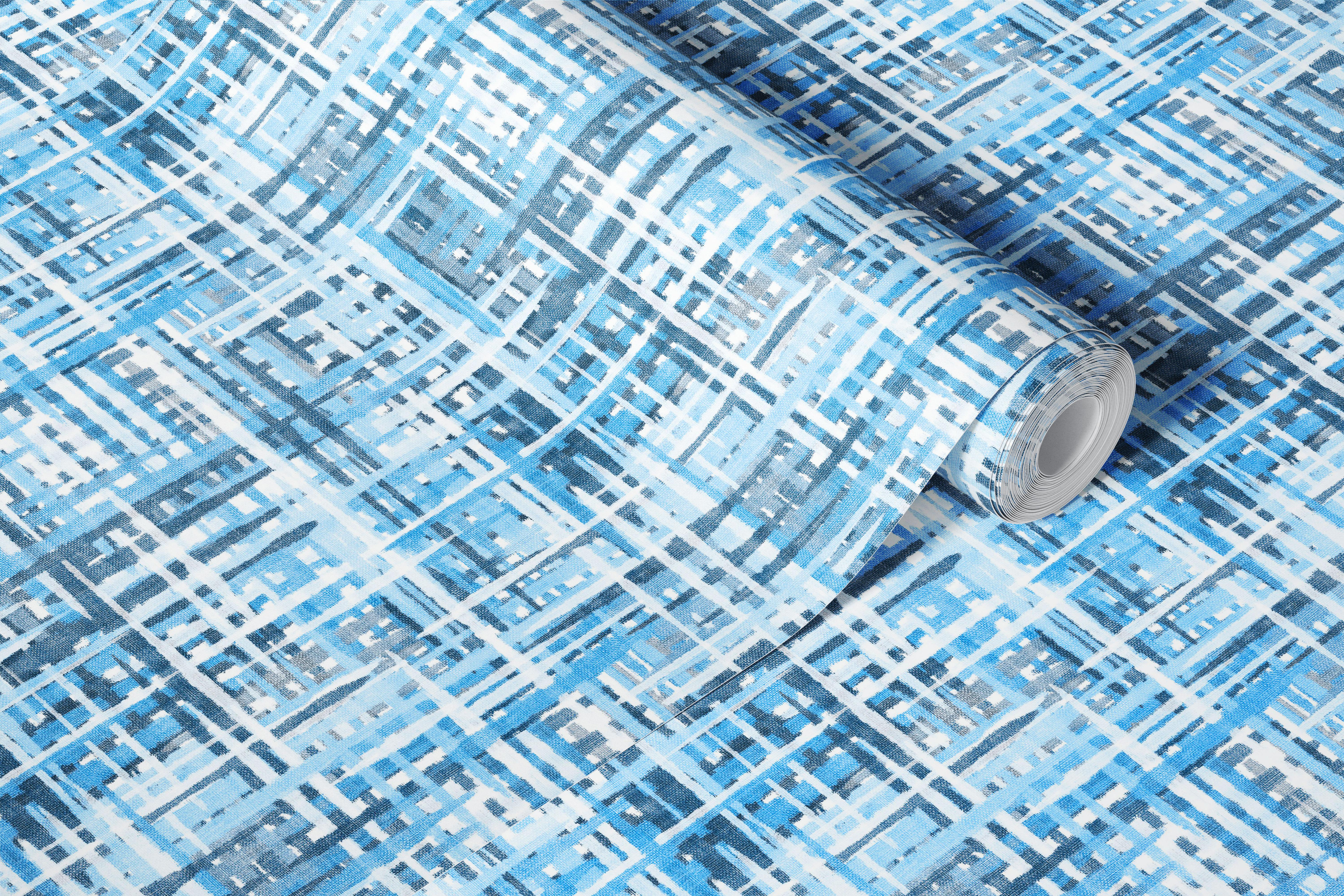 Blue woven check wallpaper in a bright room