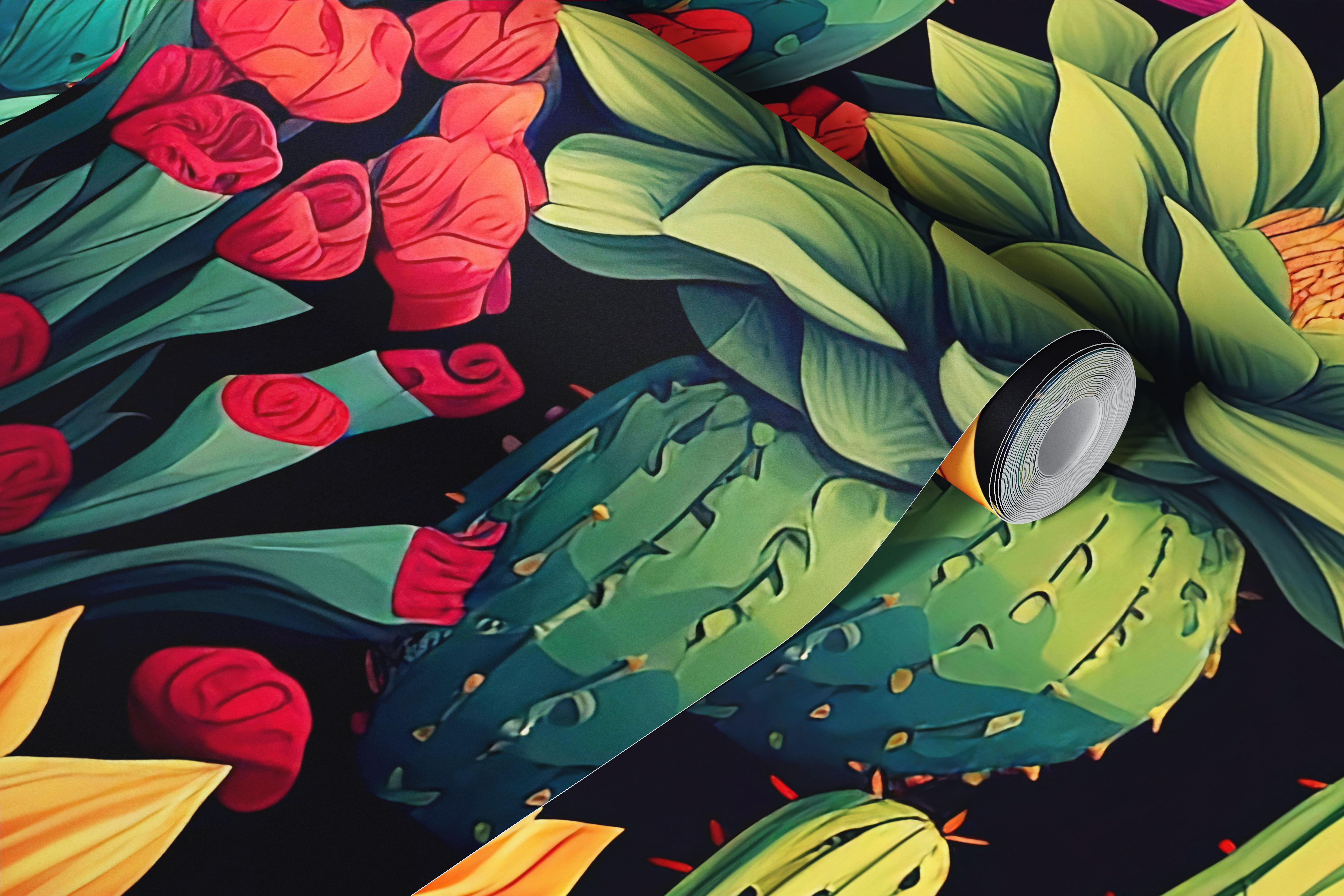 Colorful Midnight Cactus Bloom wallpaper in a room