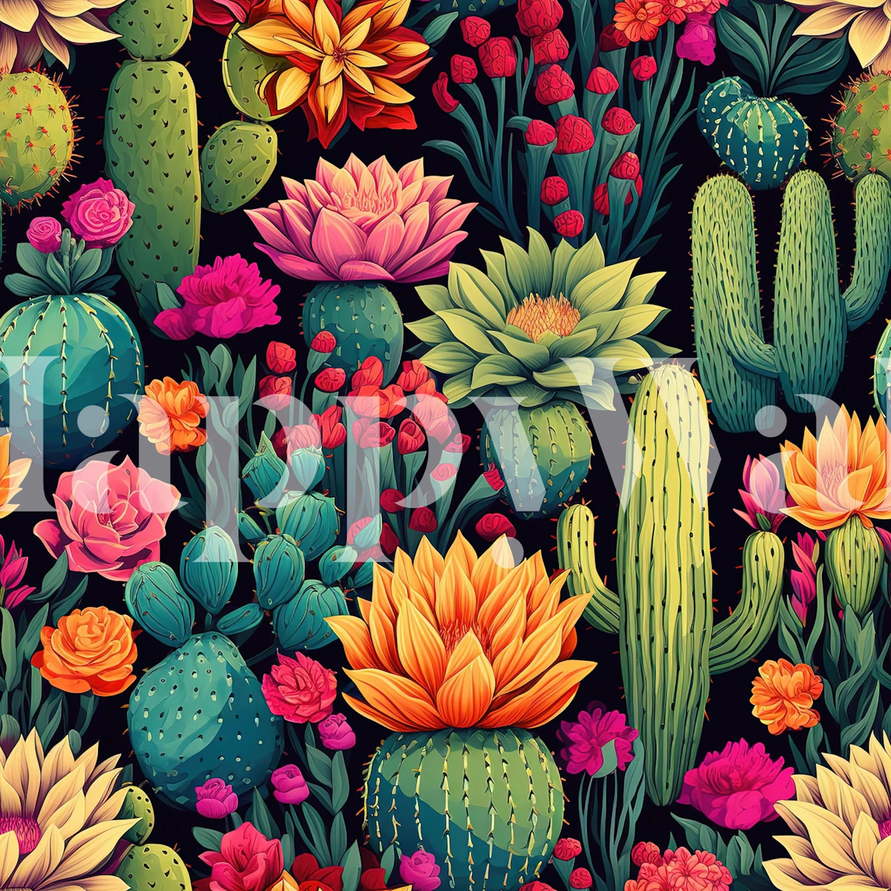 Colorful Midnight Cactus Bloom wallpaper in a room