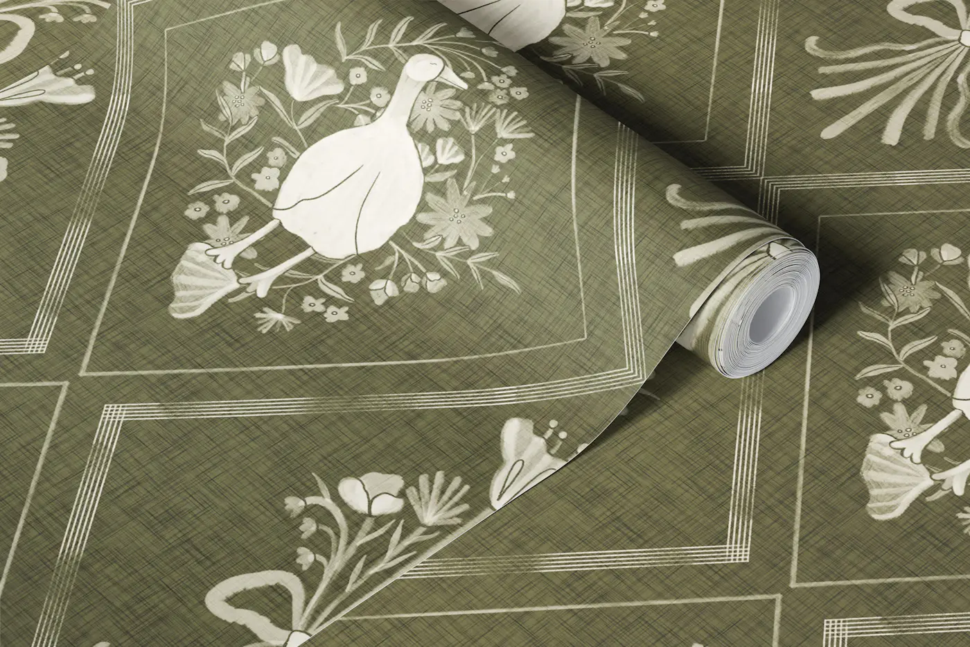 Hand drawn olive green goose floral pattern wallpaper roll