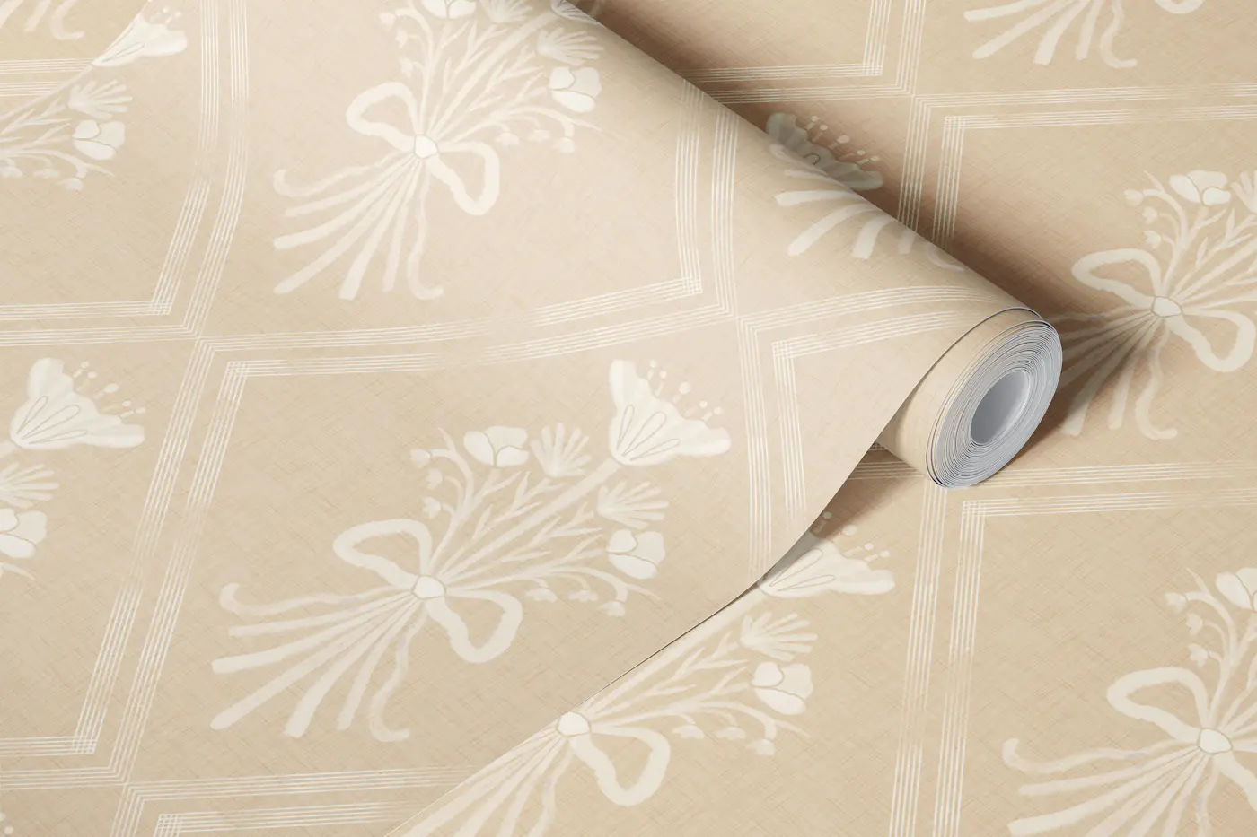Hand drawn beige Folk Bouquet pattern wallpaper roll
