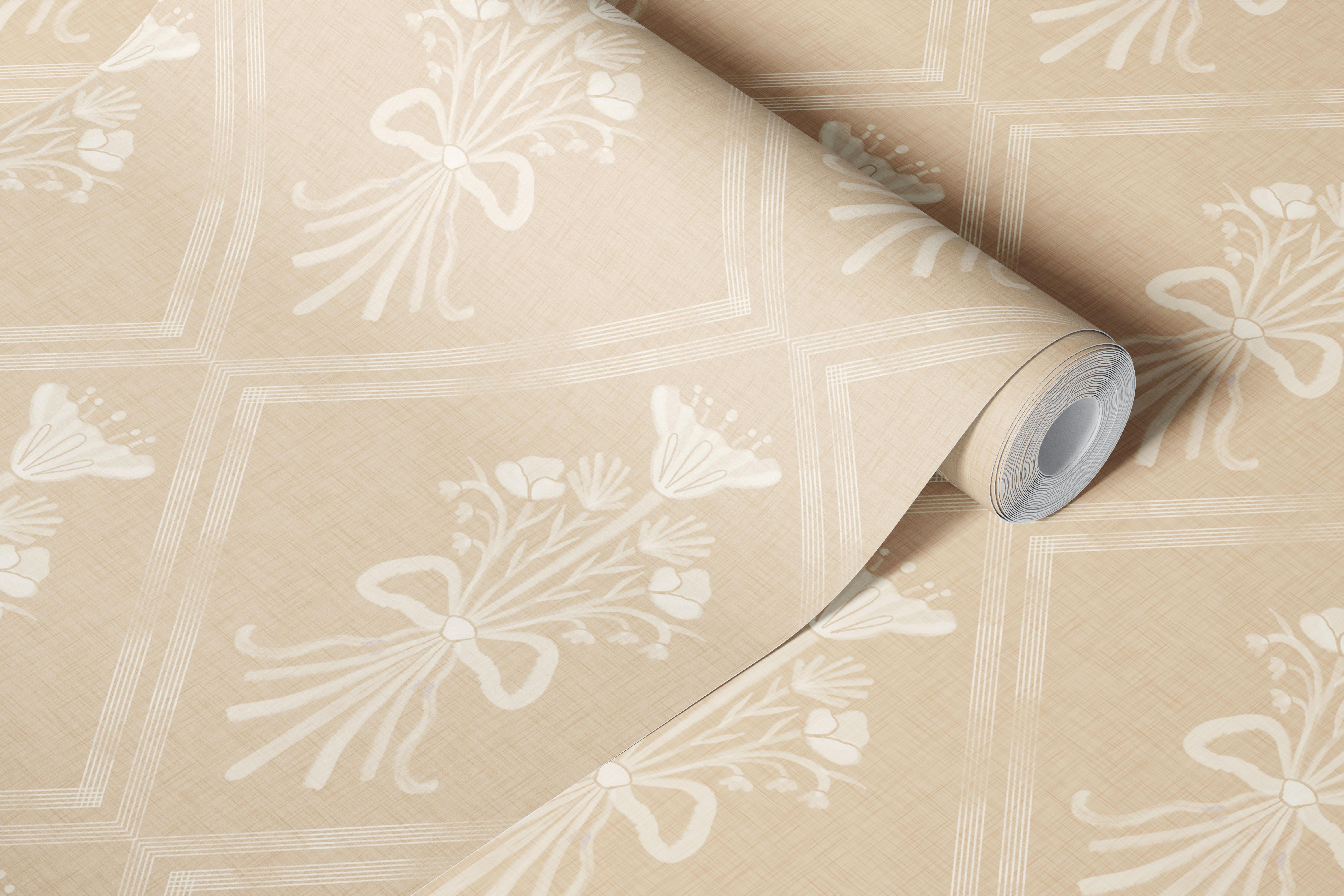 Beige folk bouquet wallpaper in a room