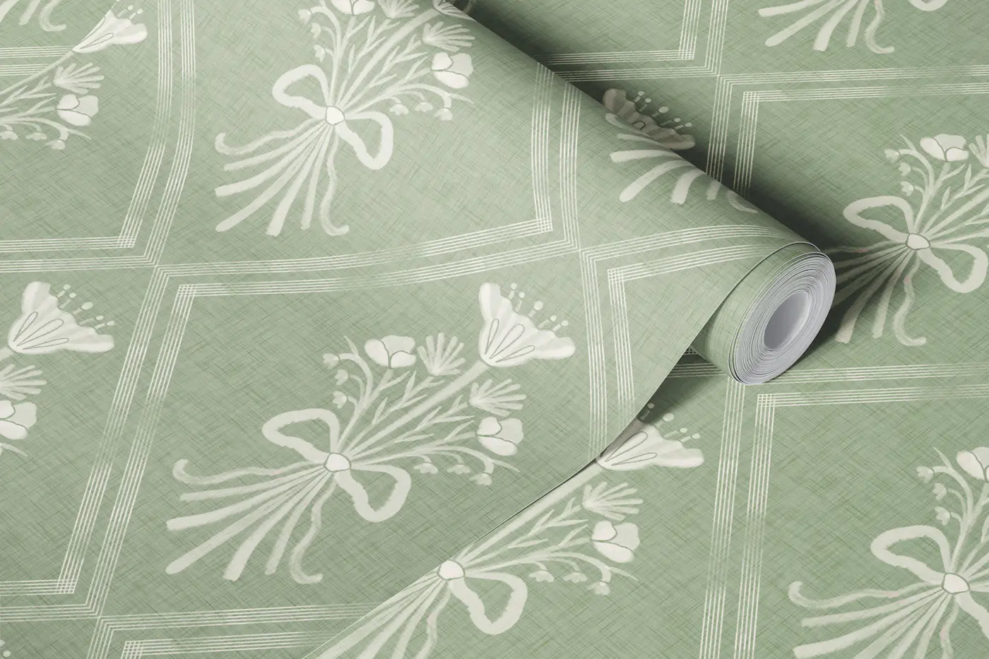 Hand drawn sage Folk Bouquet pattern wallpaper roll