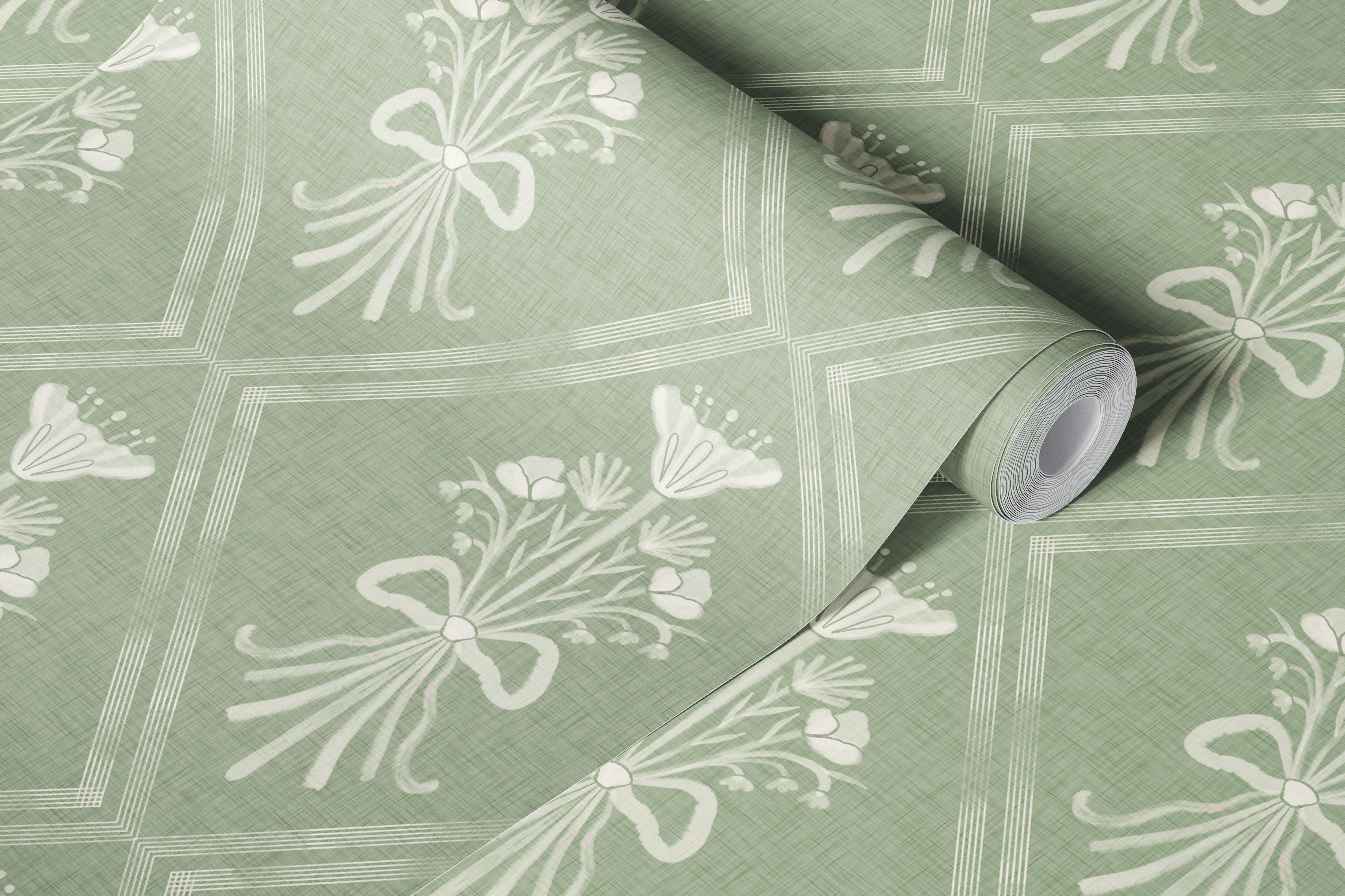 Sage floral bouquet wallpaper in a styled room