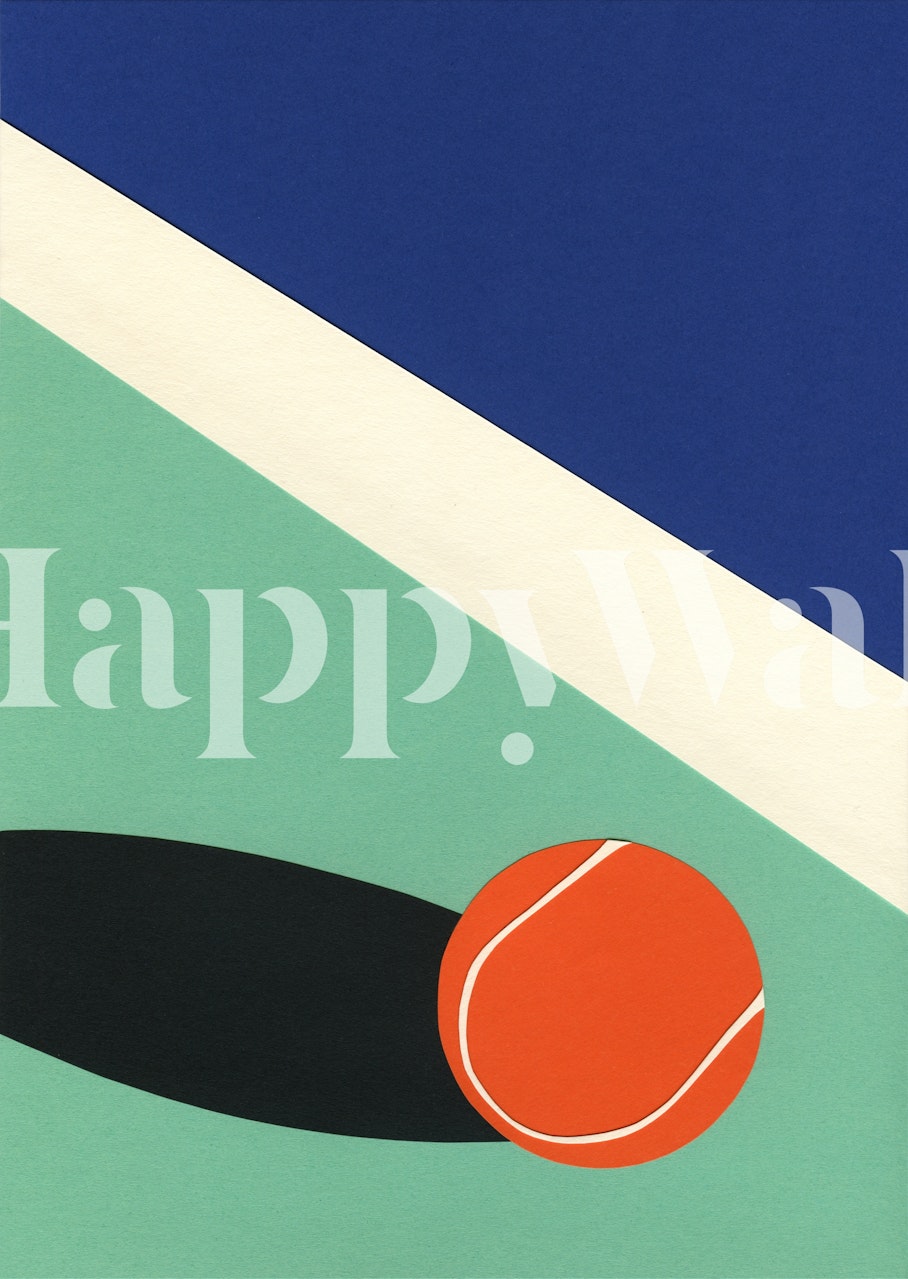 Mural de cancha de tenis geométrico abstracto con colores verde, azul y naranja brillantes