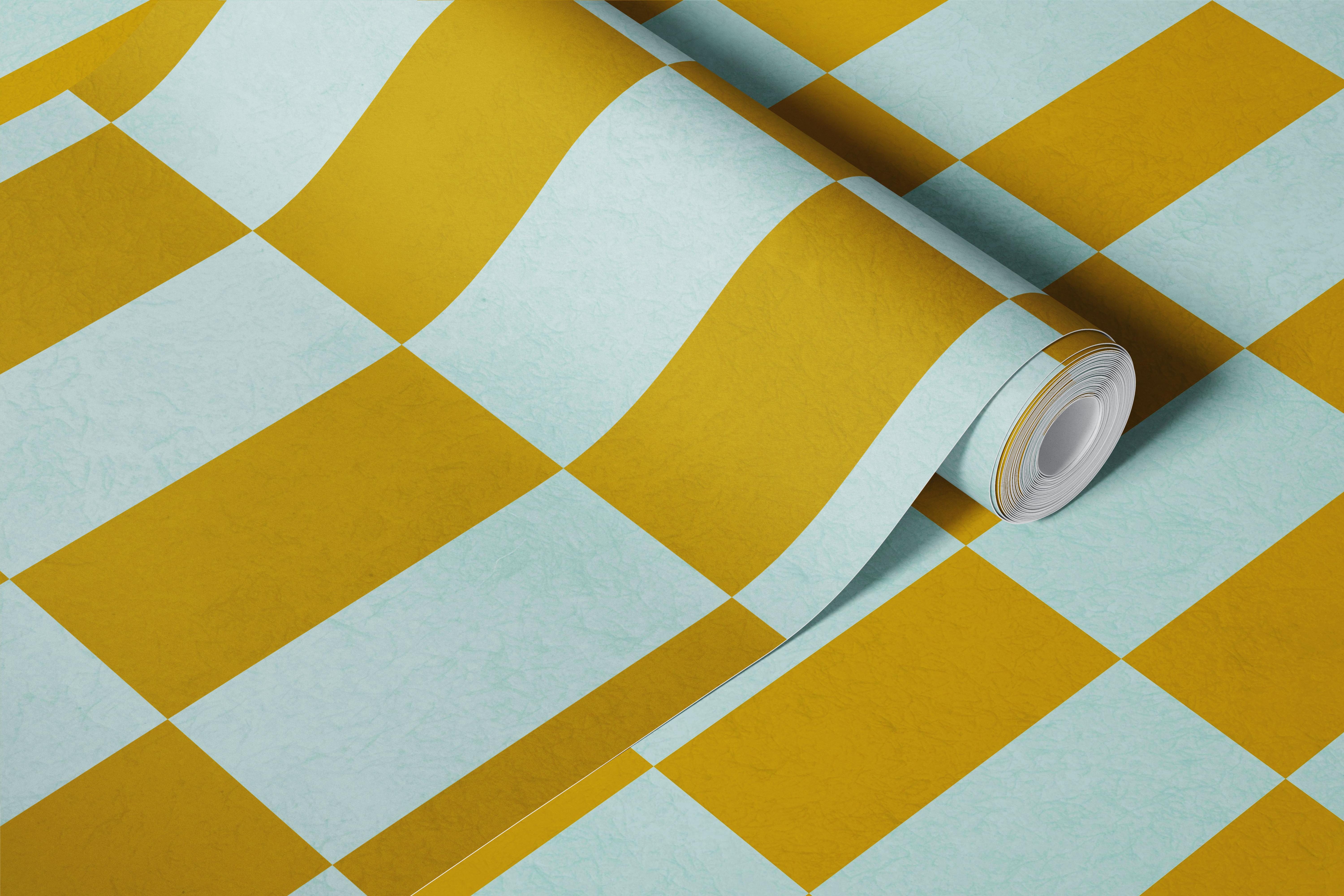 Mustard and mint checkerboard wallpaper in a room