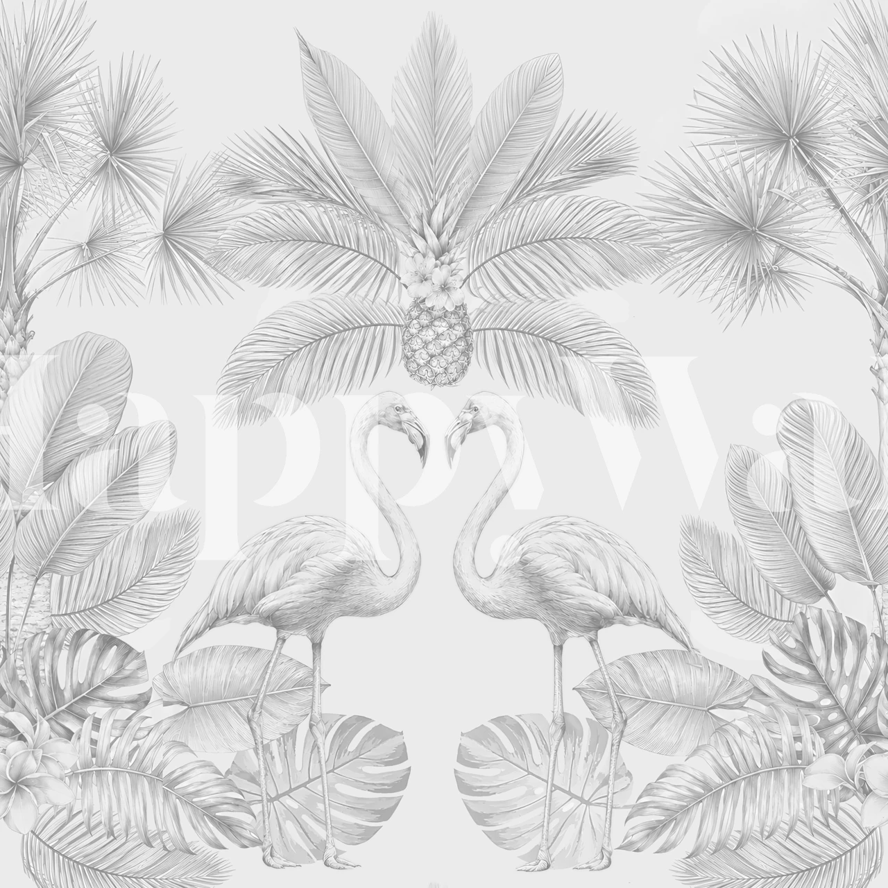 Tapeta Gray Jungle Flamingos and Palms v místnosti