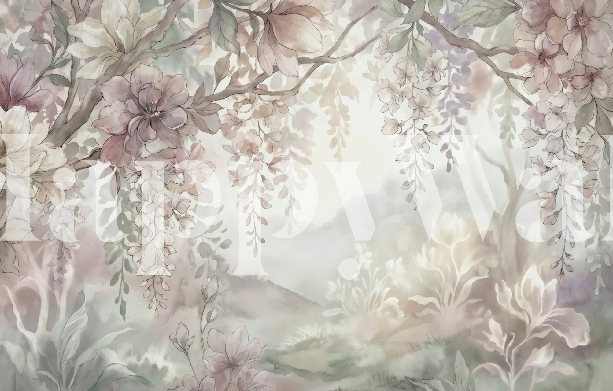 Misty Garden Blossoms wallpaper in a room