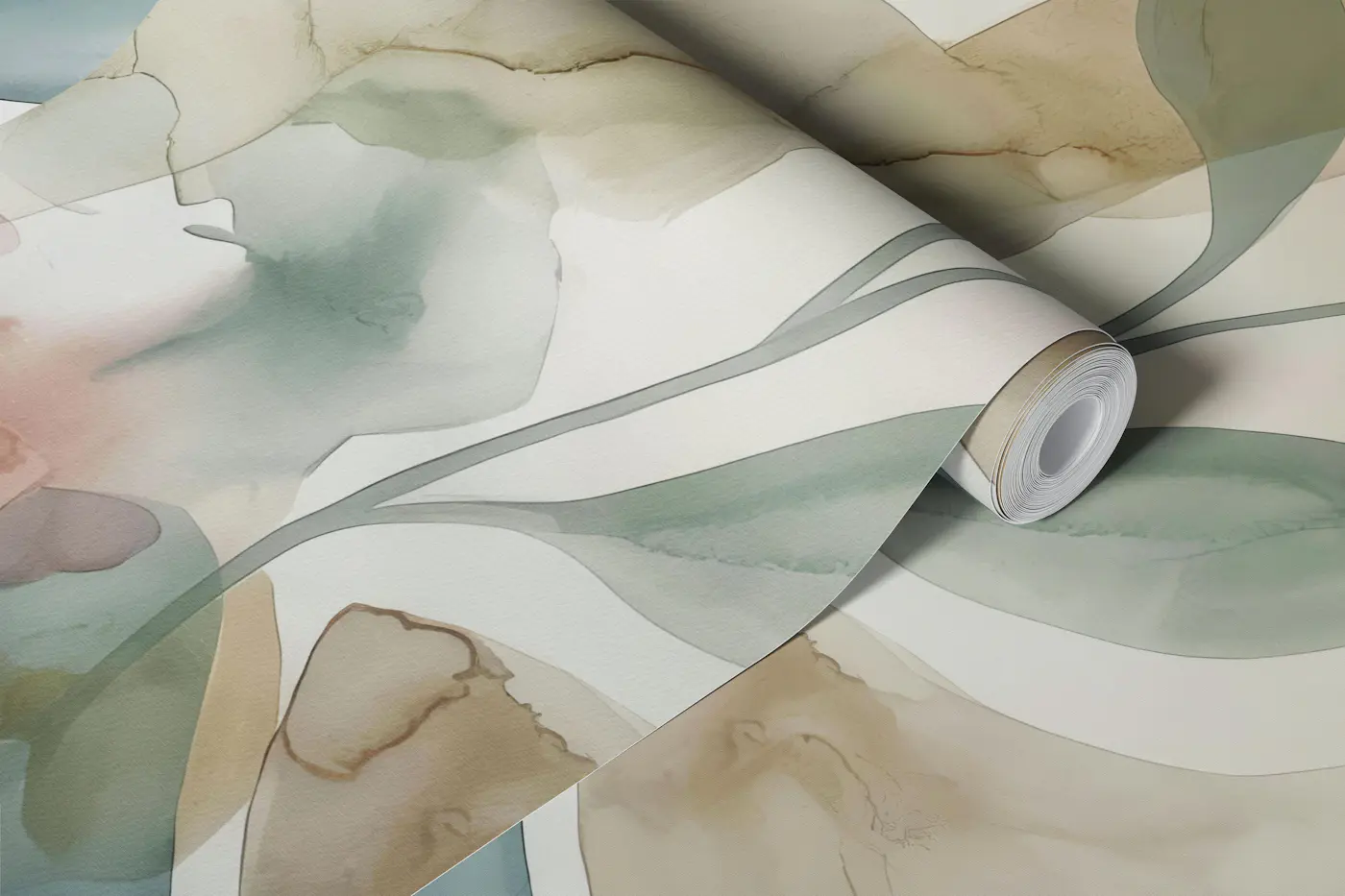 Sage Blush Watercolor Waves wallpaper roll