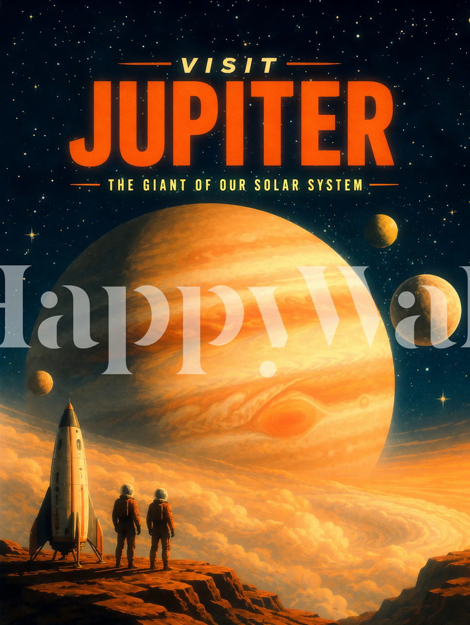 Visit Jupiter Space Travel Poster tapéta egy modern szobában
