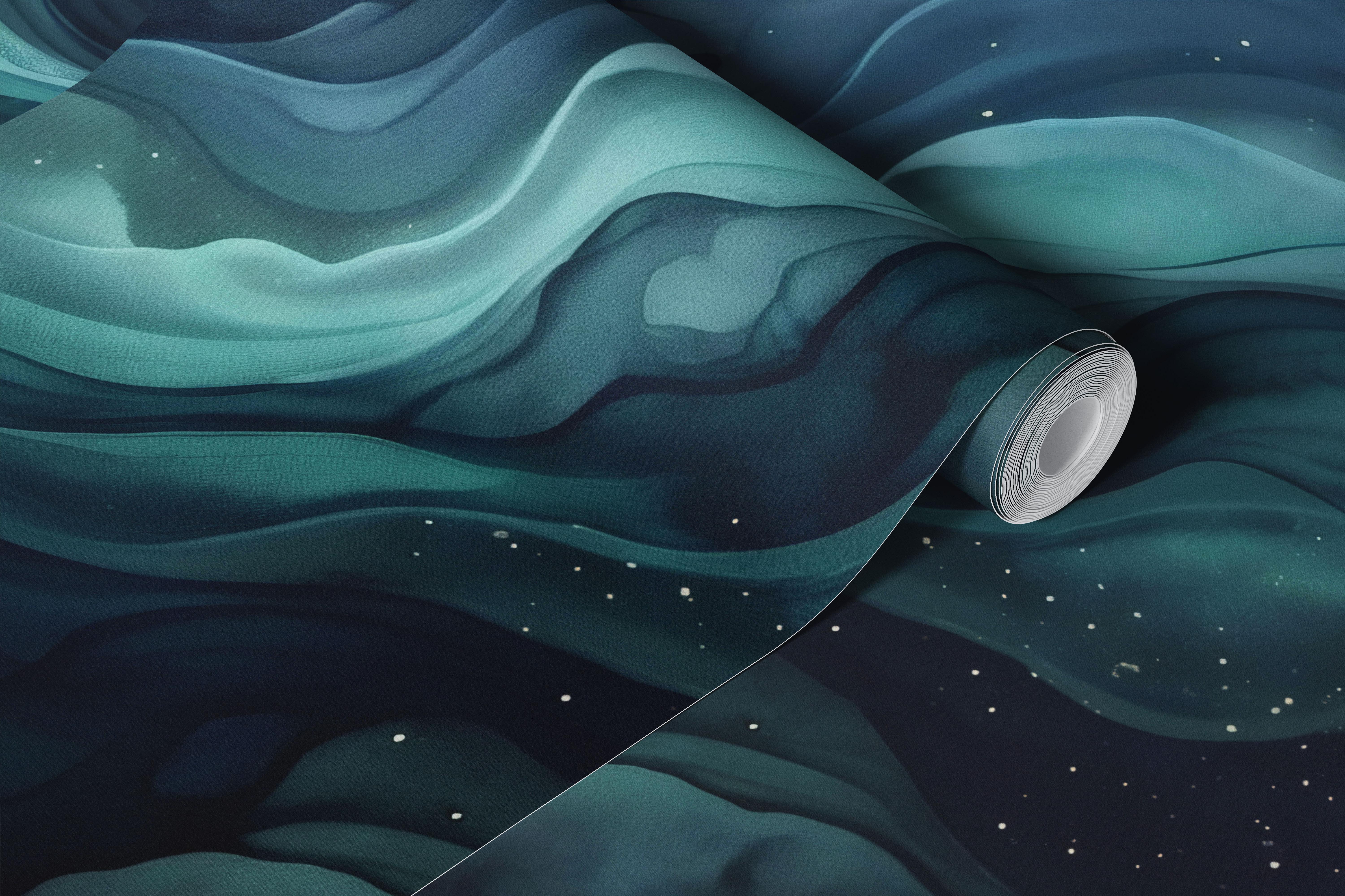 Teal nebula wallpaper in a dark modern room