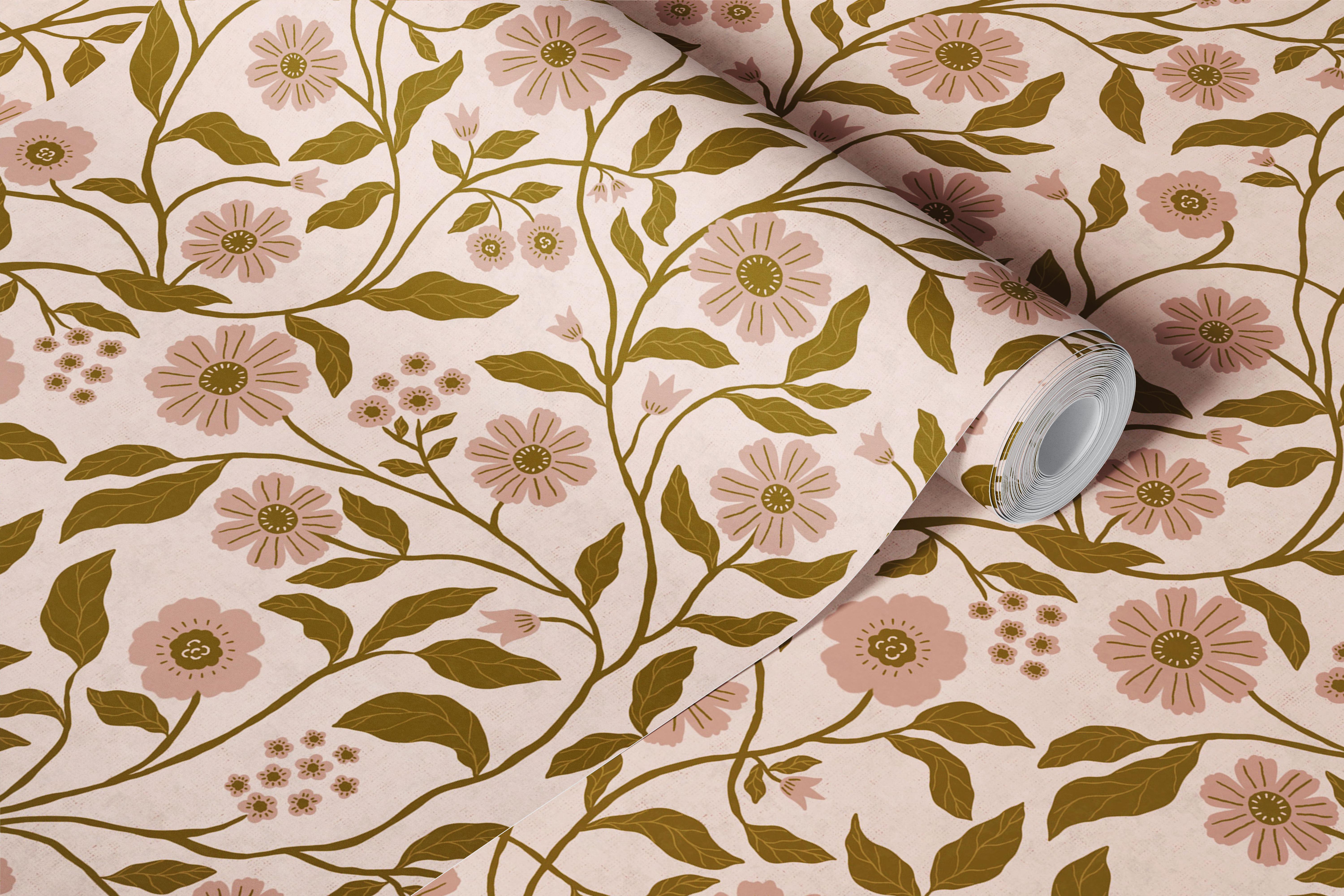 Blush floral wallpaper in a styled room