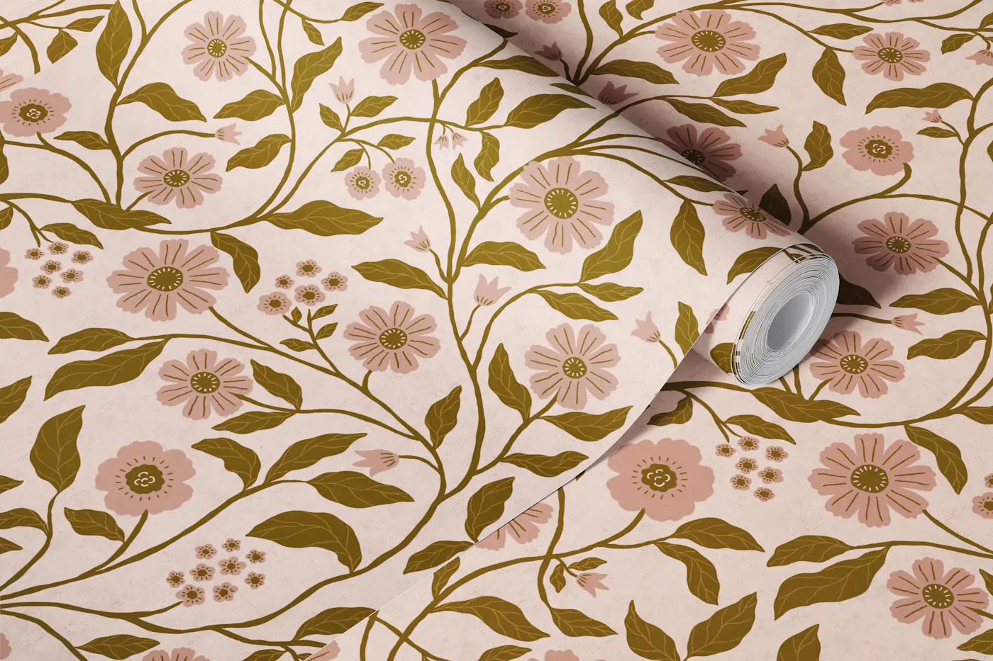 Sage Leaves and Blush Blooms wallpaper roll