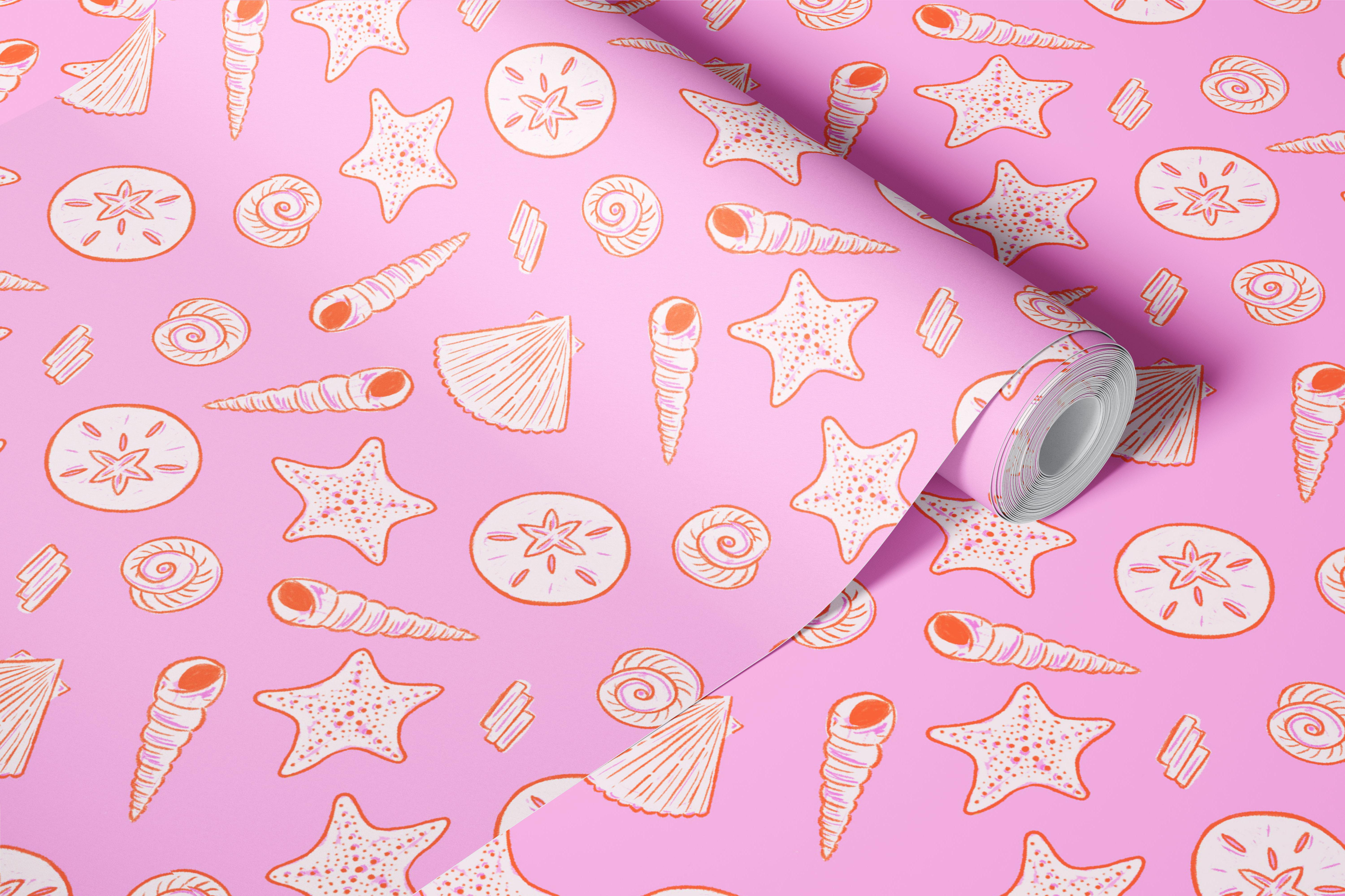 Pink shell and starfish wallpaper in a room