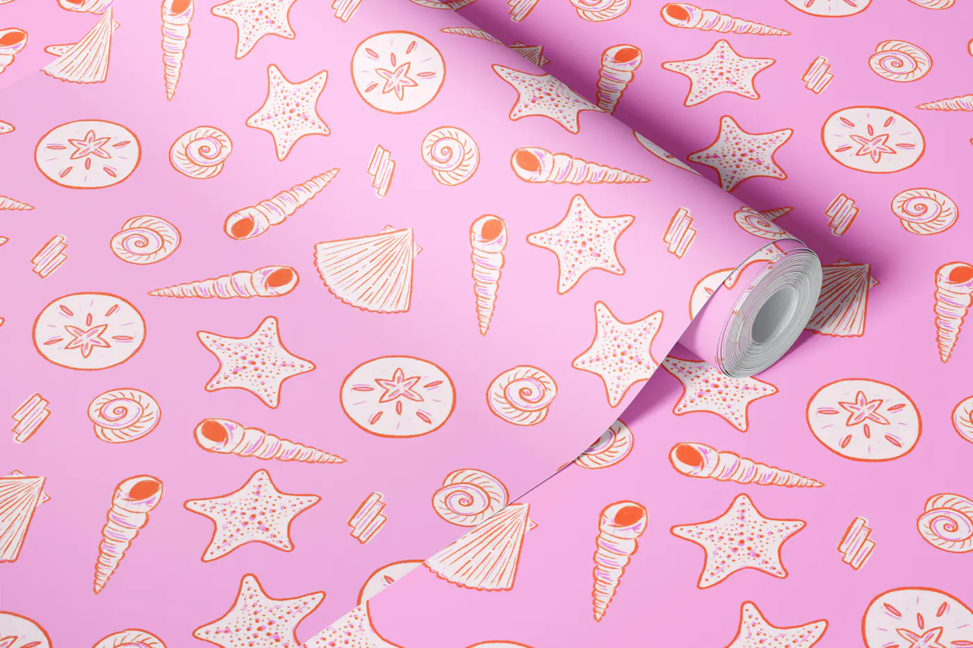 Nautical Shells and Starfish on Pink wallpaper roll