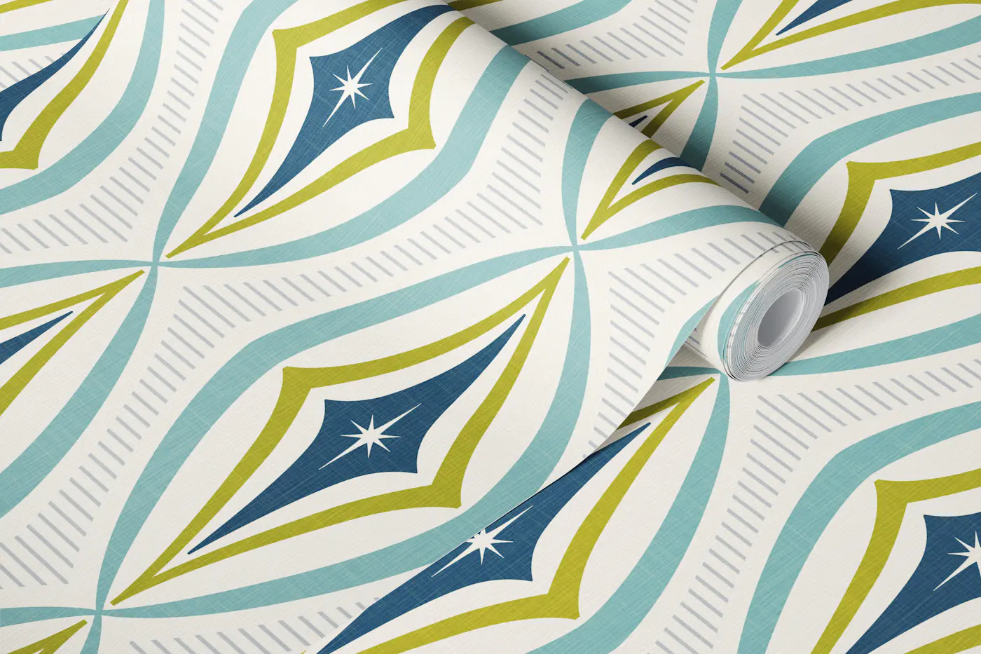 retro atomic diamonds - teal lime green wallpaper roll