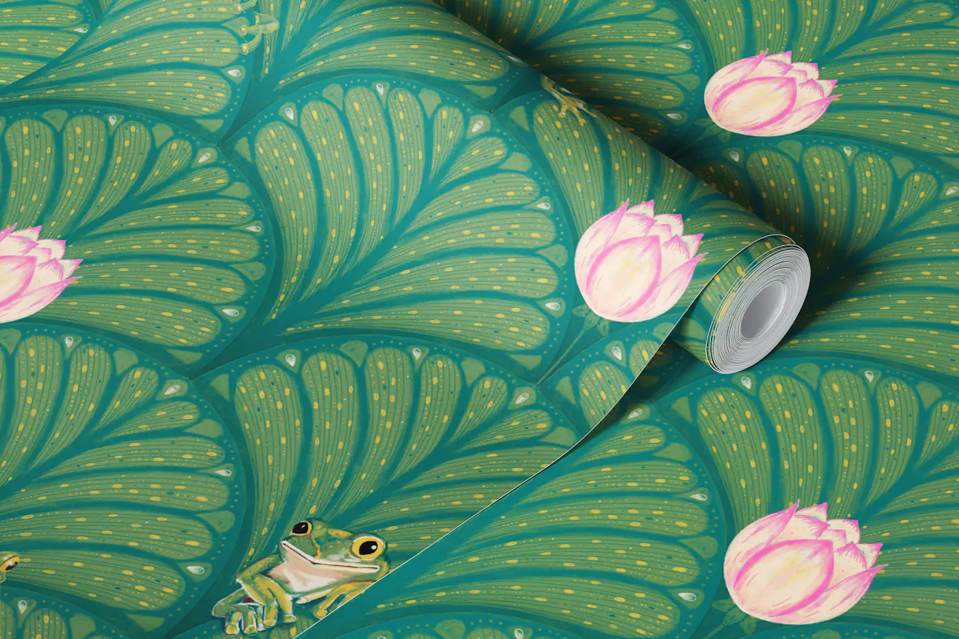 green wall with hidden frogs wallpaper roll