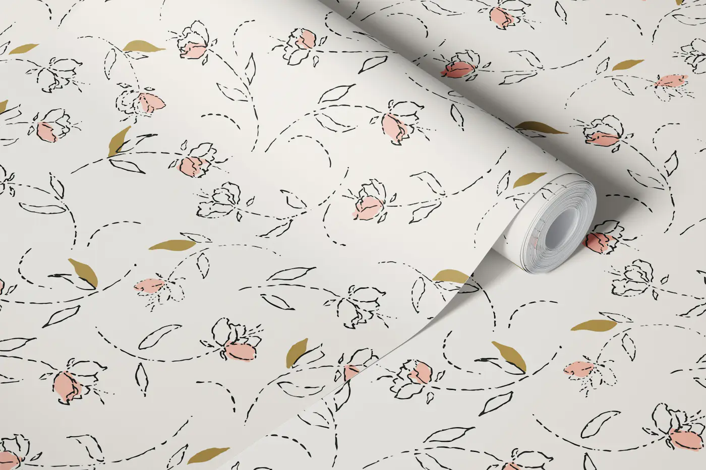Whimsical Scattered Roses Line Art wallpaper roll