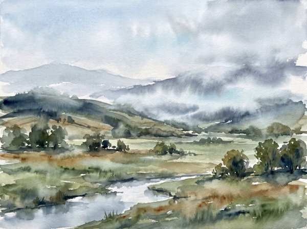 Misty Mountain Valley Watercolor