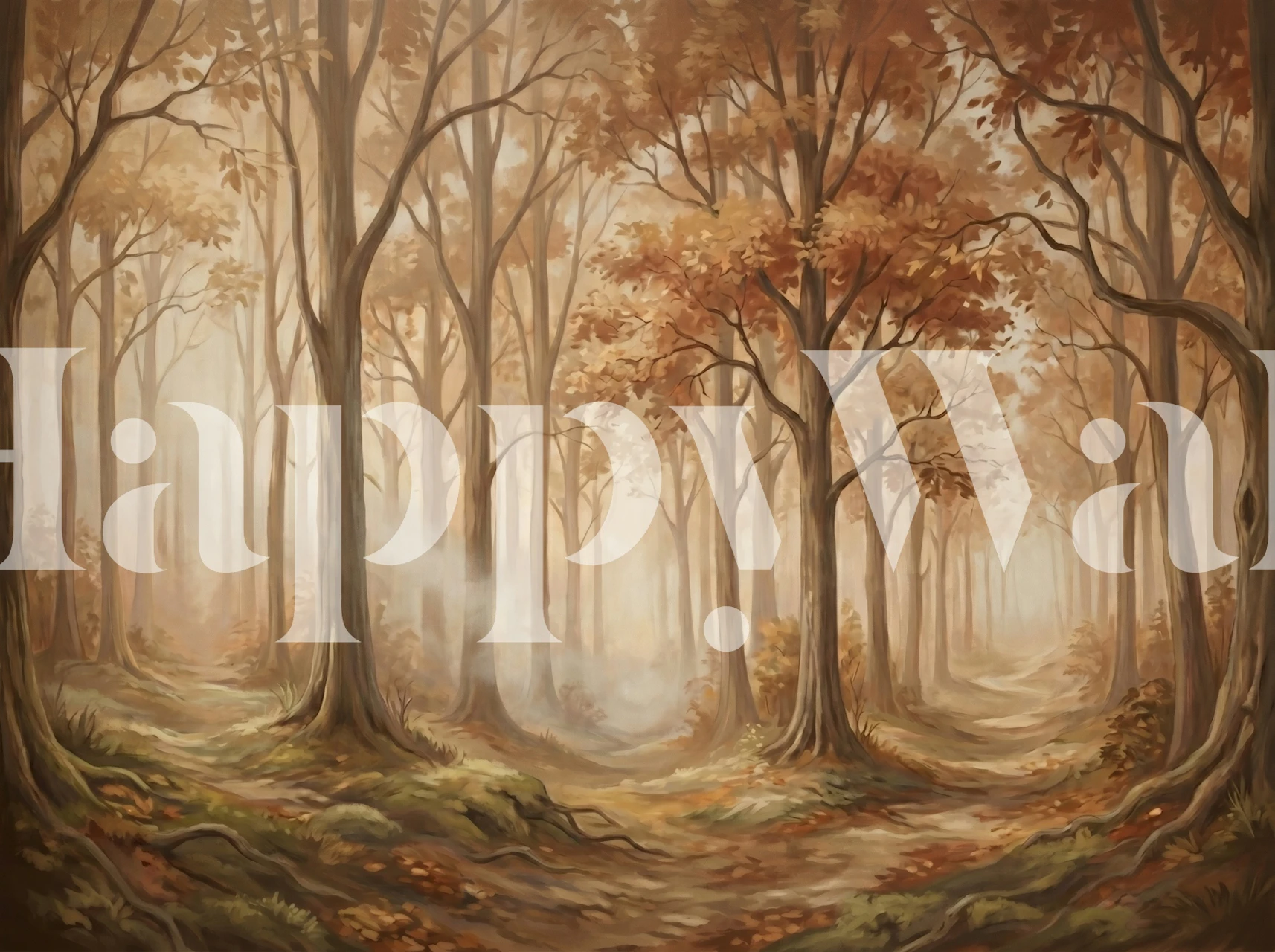 Papier peint chemin forestier brumeux d'automne dans une pièce