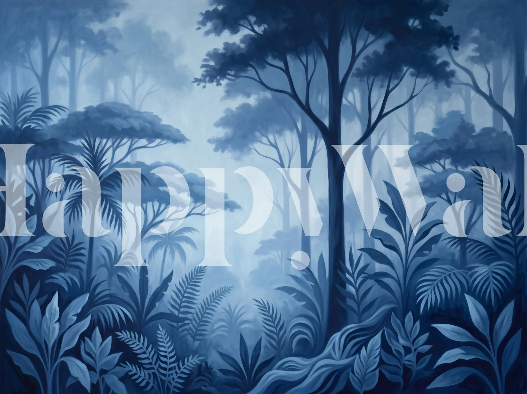 Misty blue jungle forest wallpaper in a room