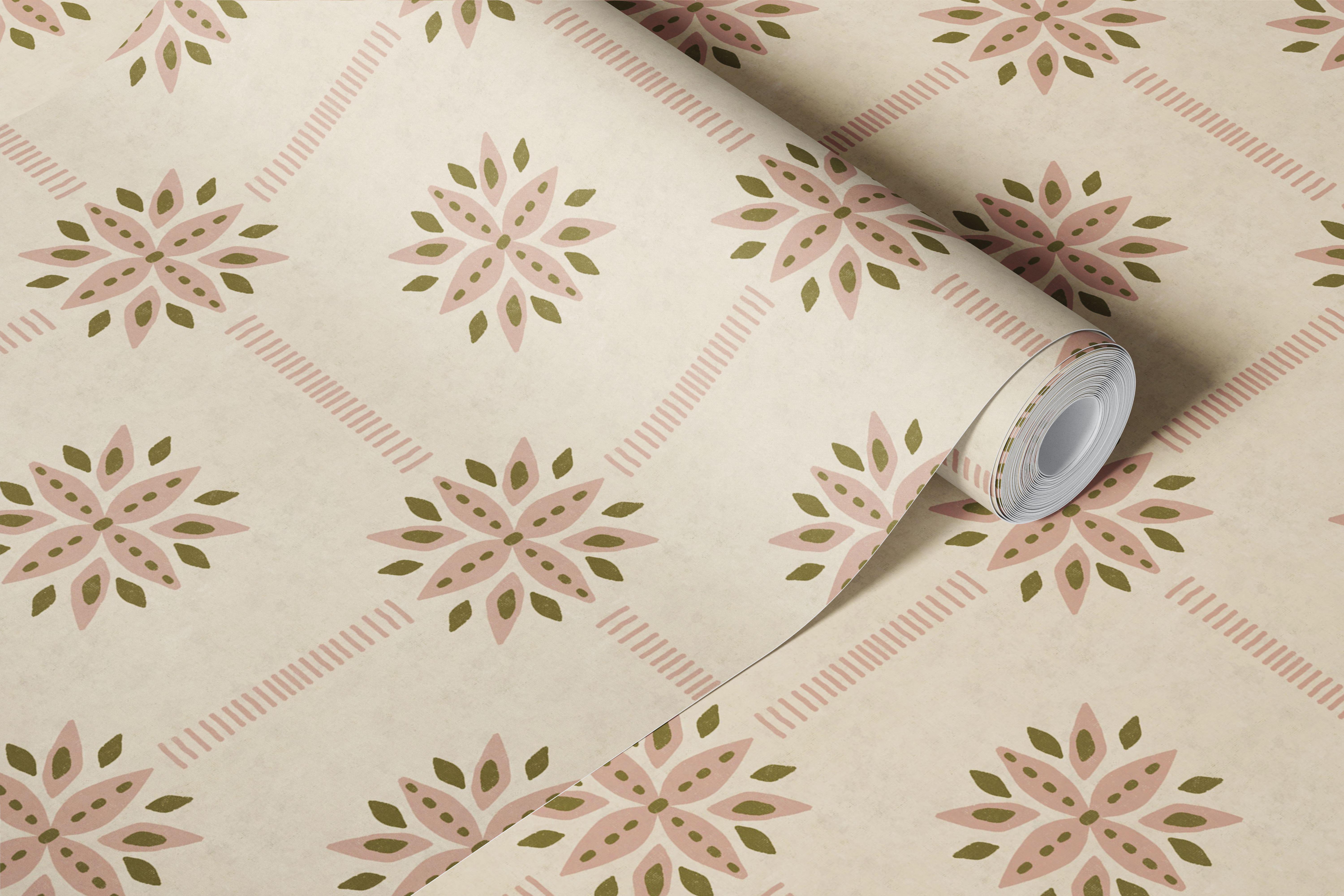 Neutral folk art floral wallpaper in a soft room