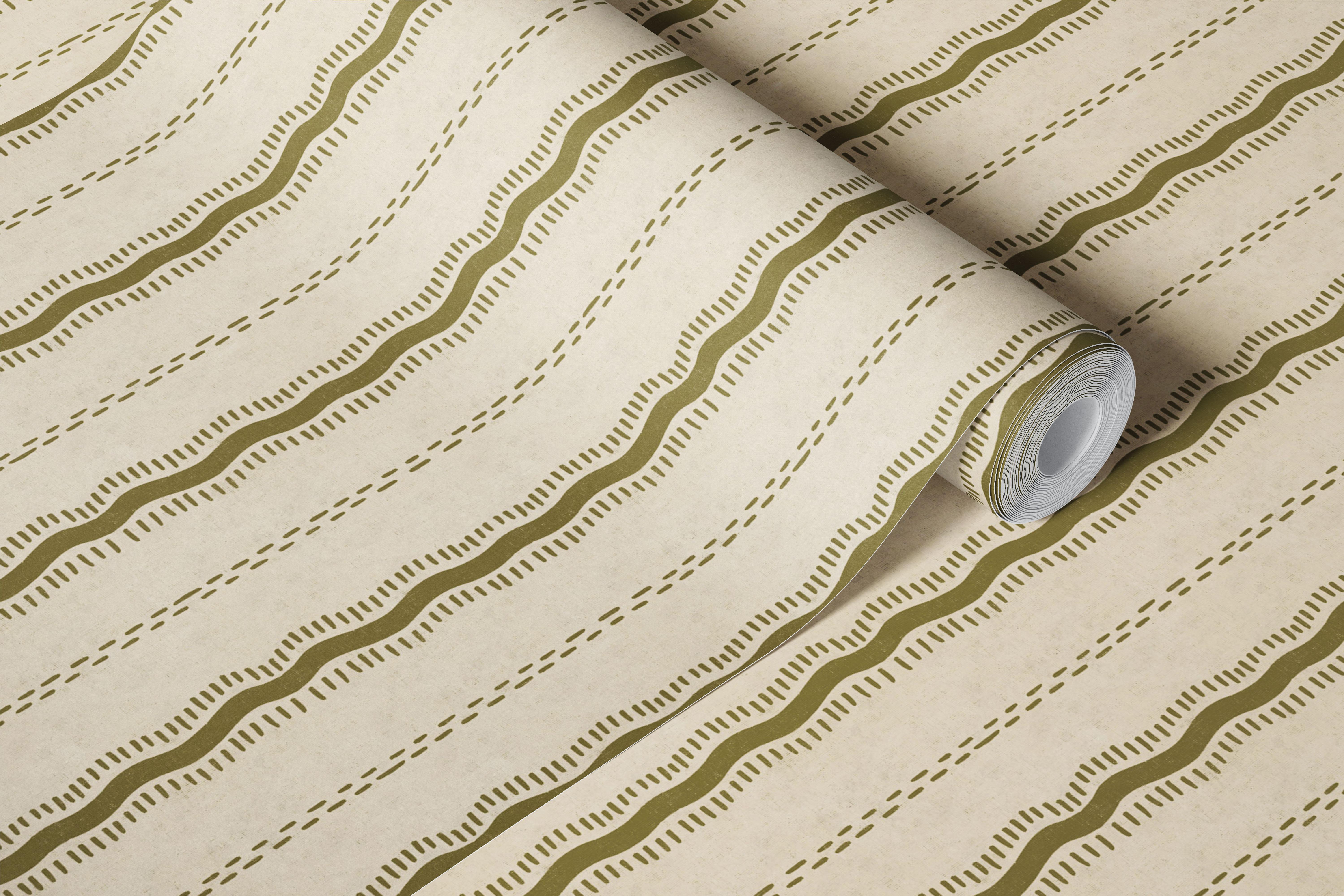 Papel de parede com riscas onduladas verde-azeitona num quarto bege