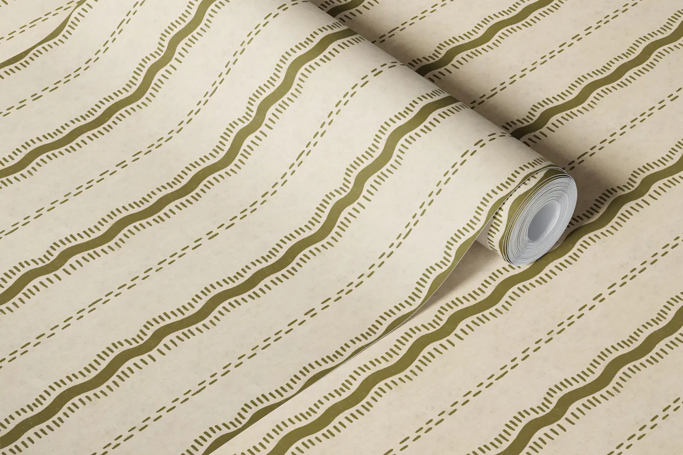 Olive Wavy Stripes on Linen wallpaper roll