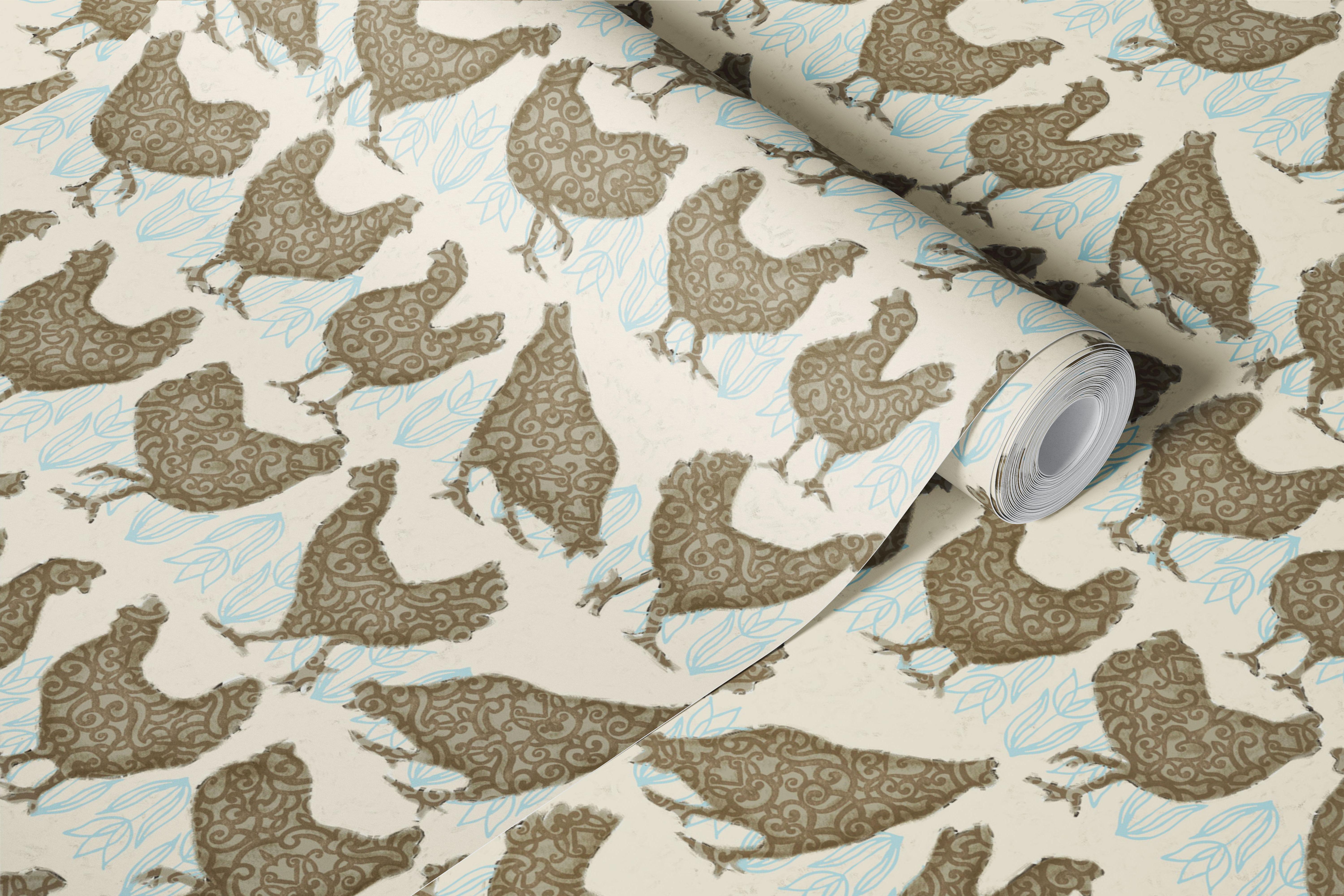 Rustic chicken wallpaper in a room