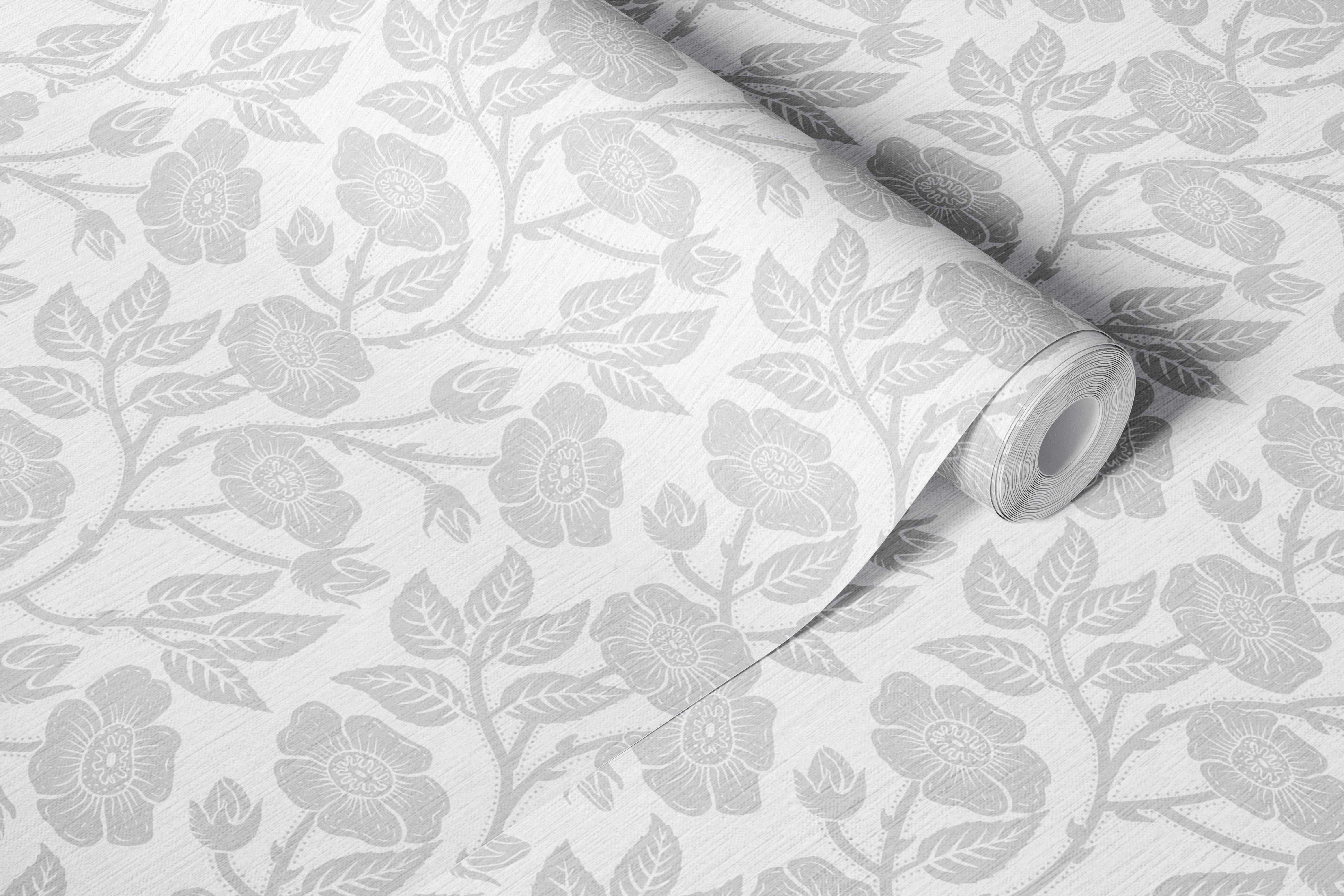 Soft gray botanical garden wallpaper in a room