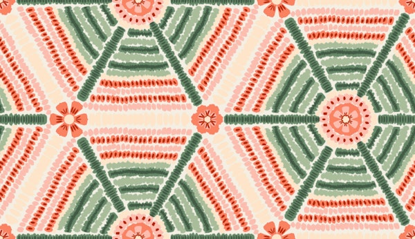 Coral Green Boho Geometry Hexagon Tiles