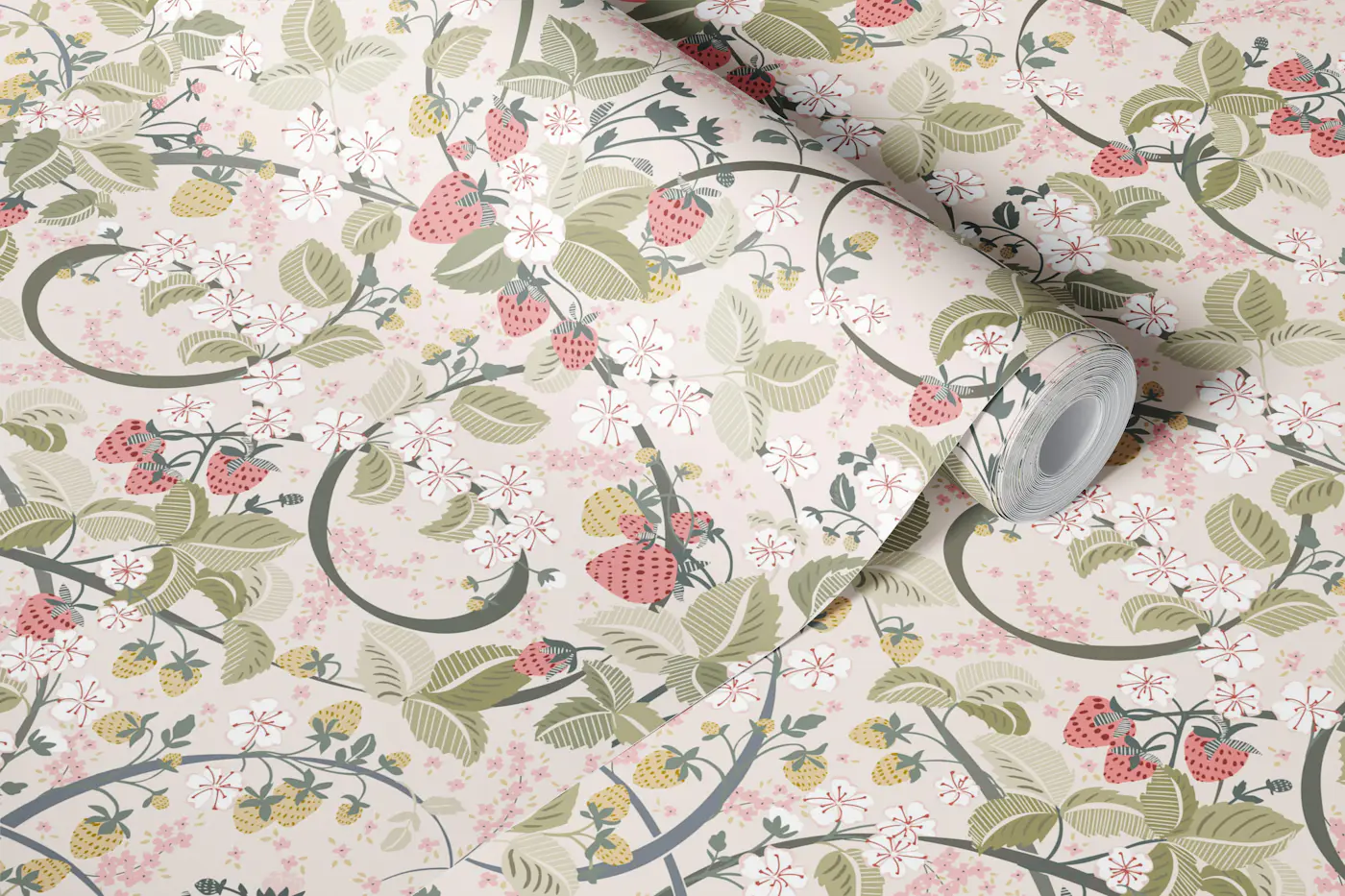 Royal Strawberry Chintz pale pink wallpaper roll