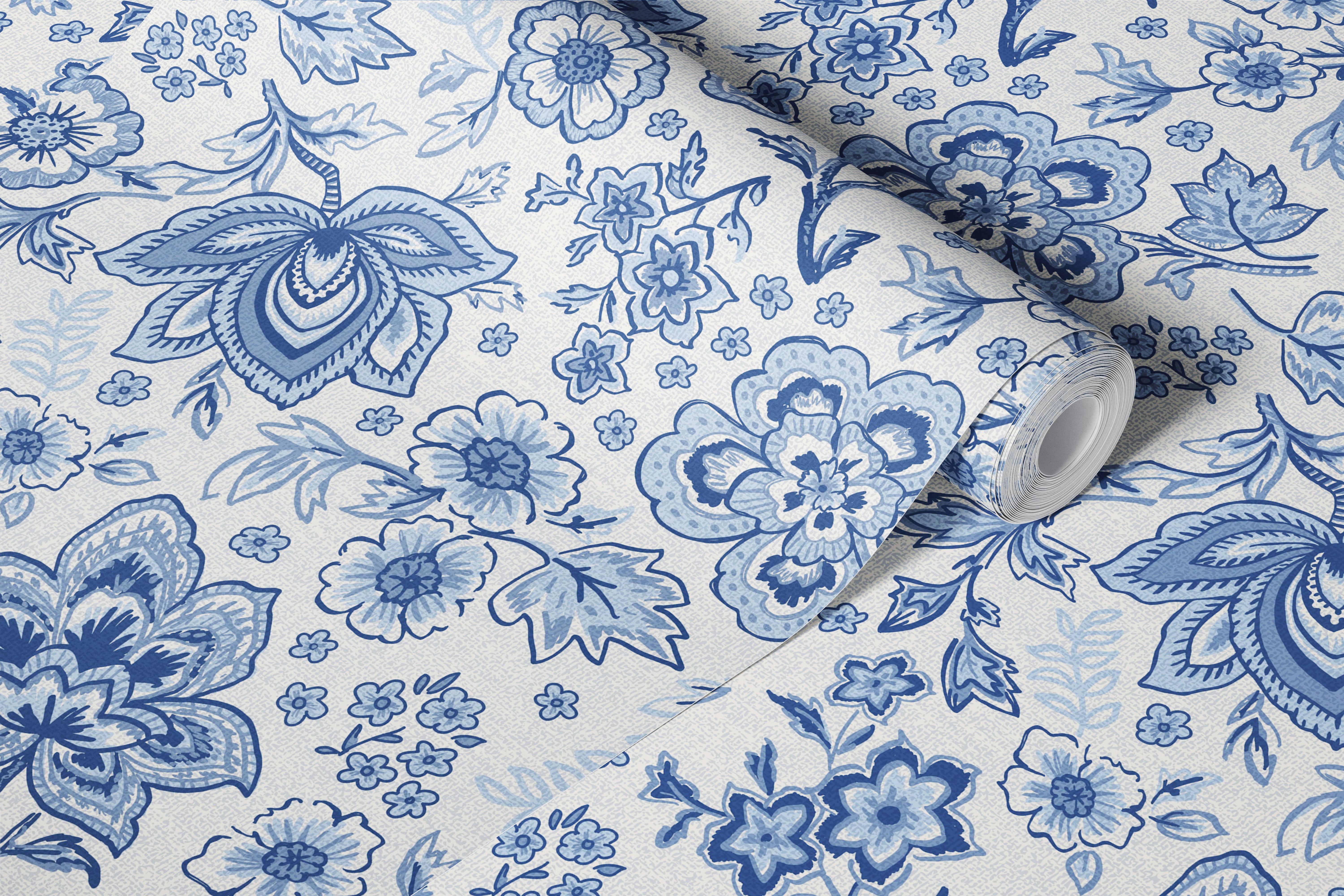 Blauw botanisch bloemenbehang in een kamer