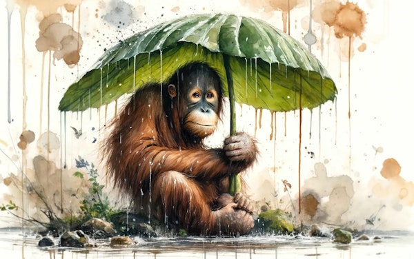 Orangutan Under Leaf Umbrella