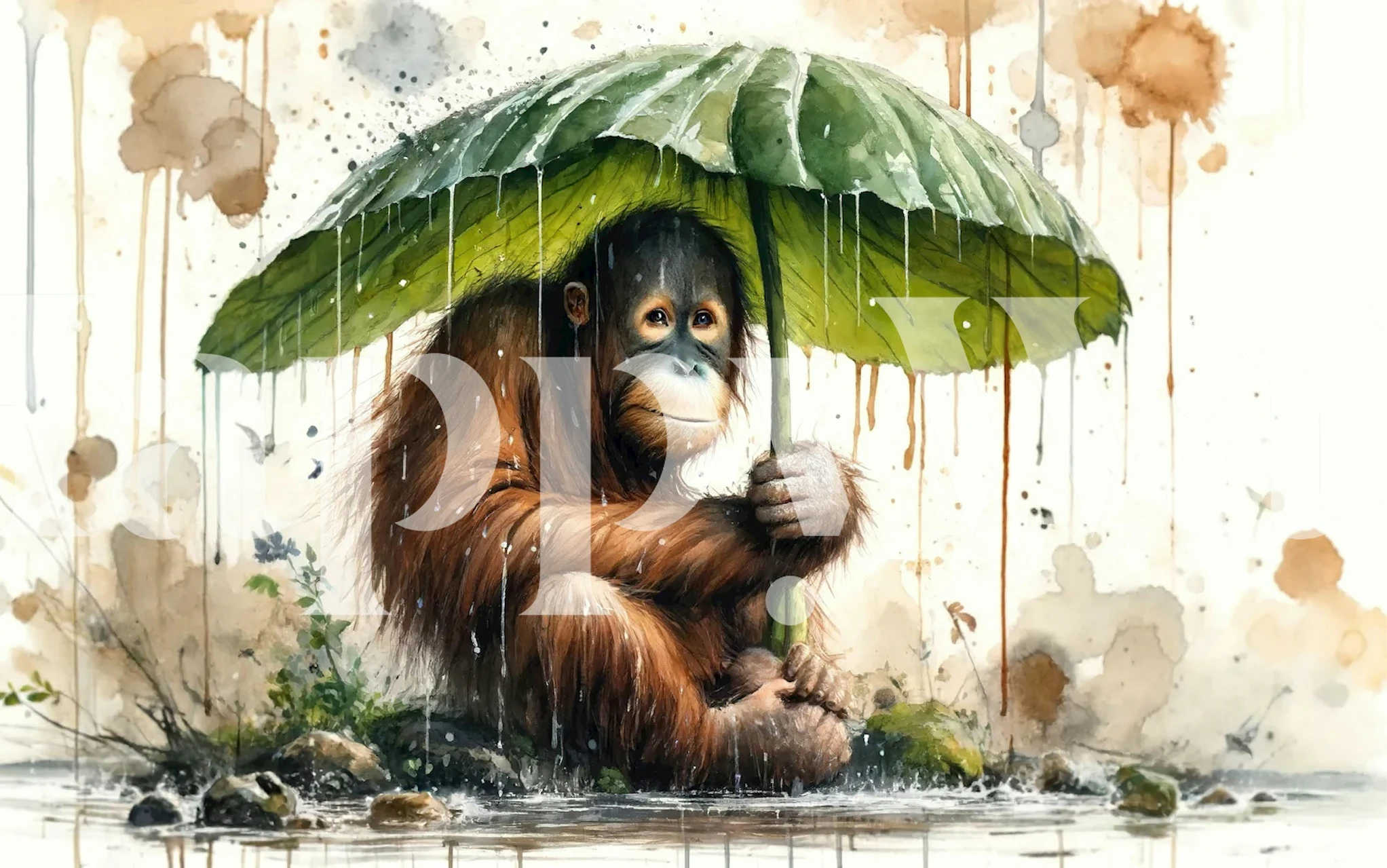 Orangutan Under Leaf Umbrella wallpaper