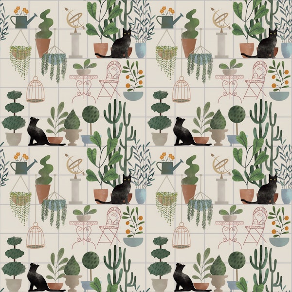 Botanical Greenhouse Cat Scene