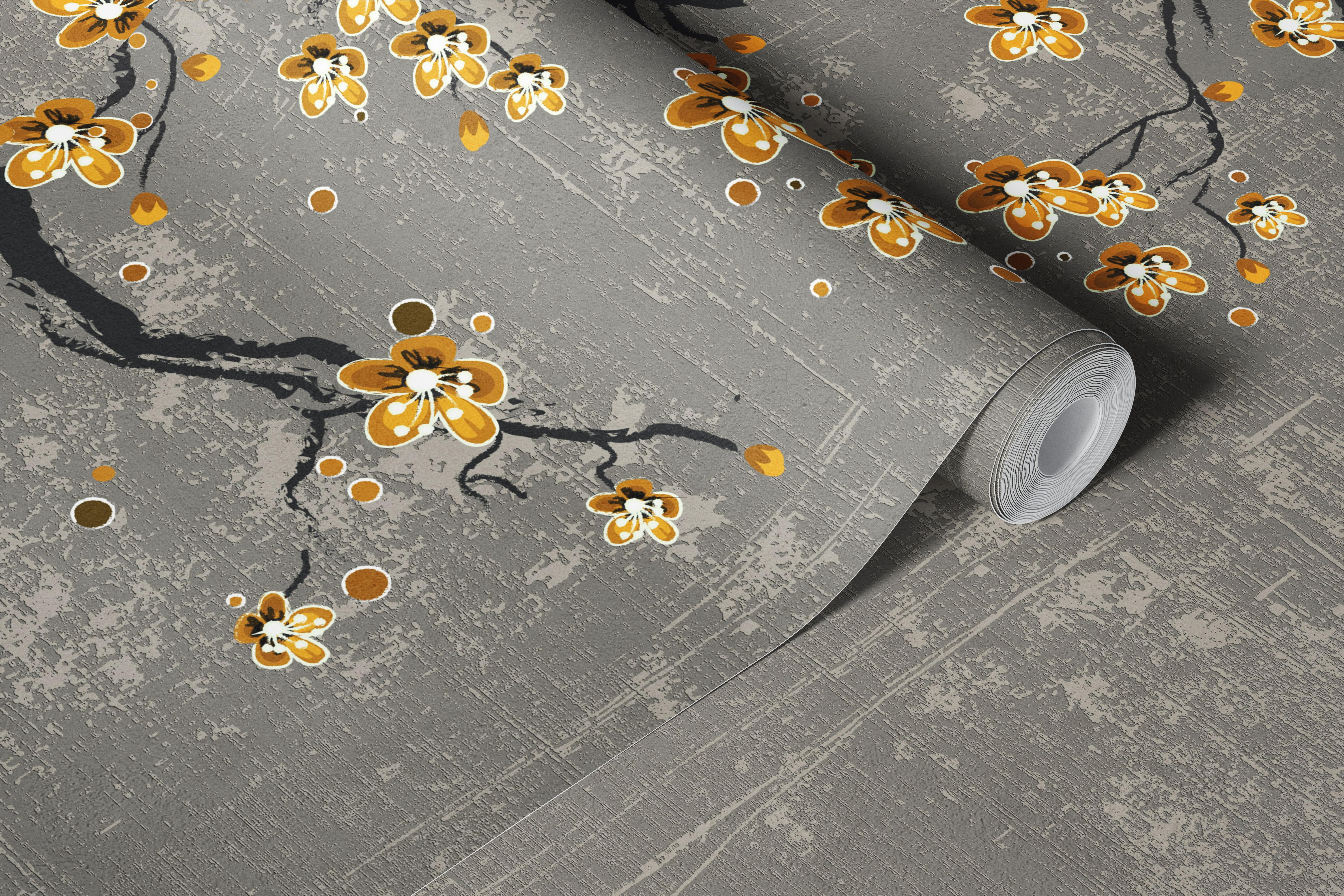 Golden Blossom Branches on Grey wallpaper in a room
