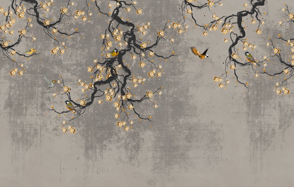 Golden Blossom Branches on Grey